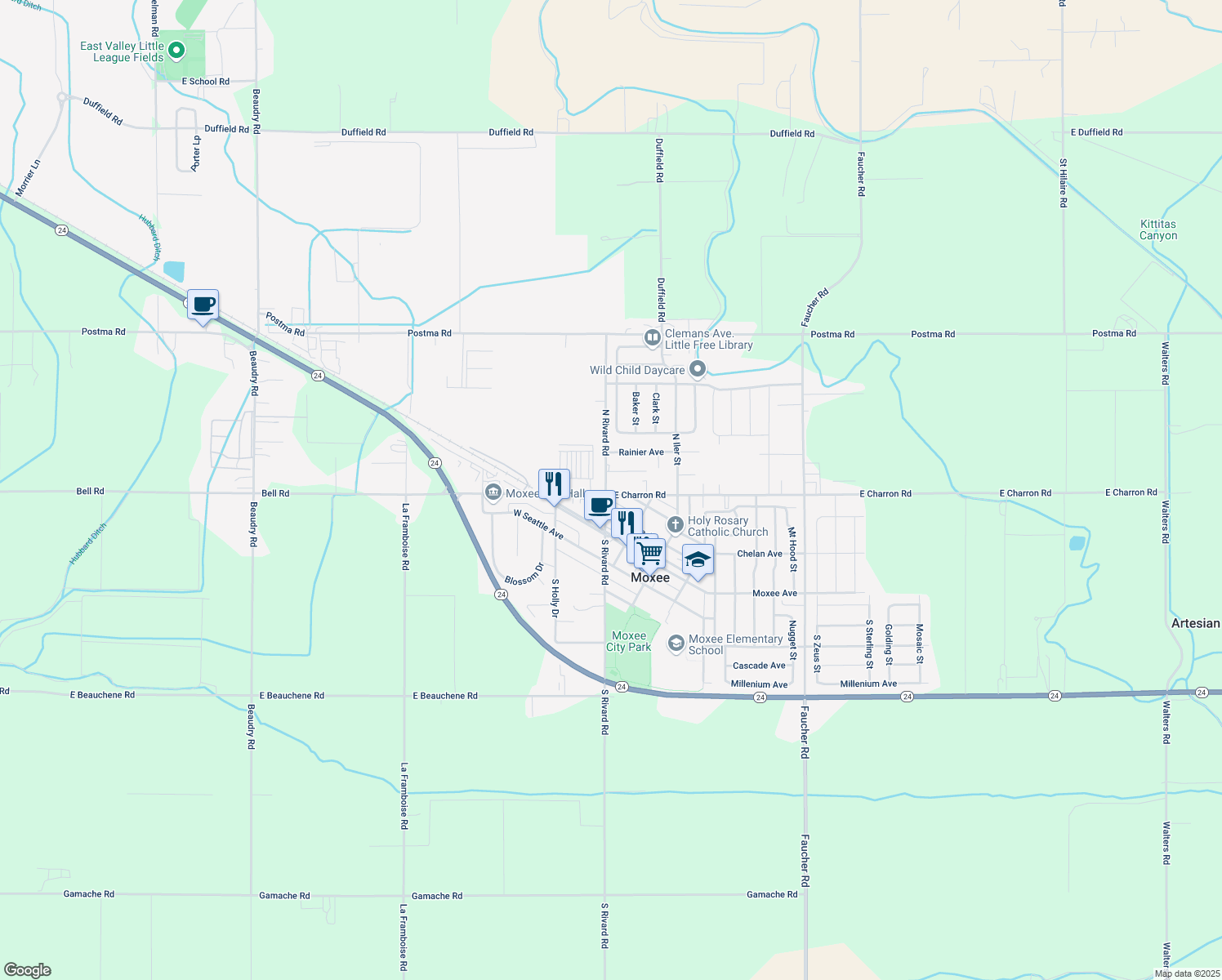 map of restaurants, bars, coffee shops, grocery stores, and more near 101 E Charron Rd in Moxee