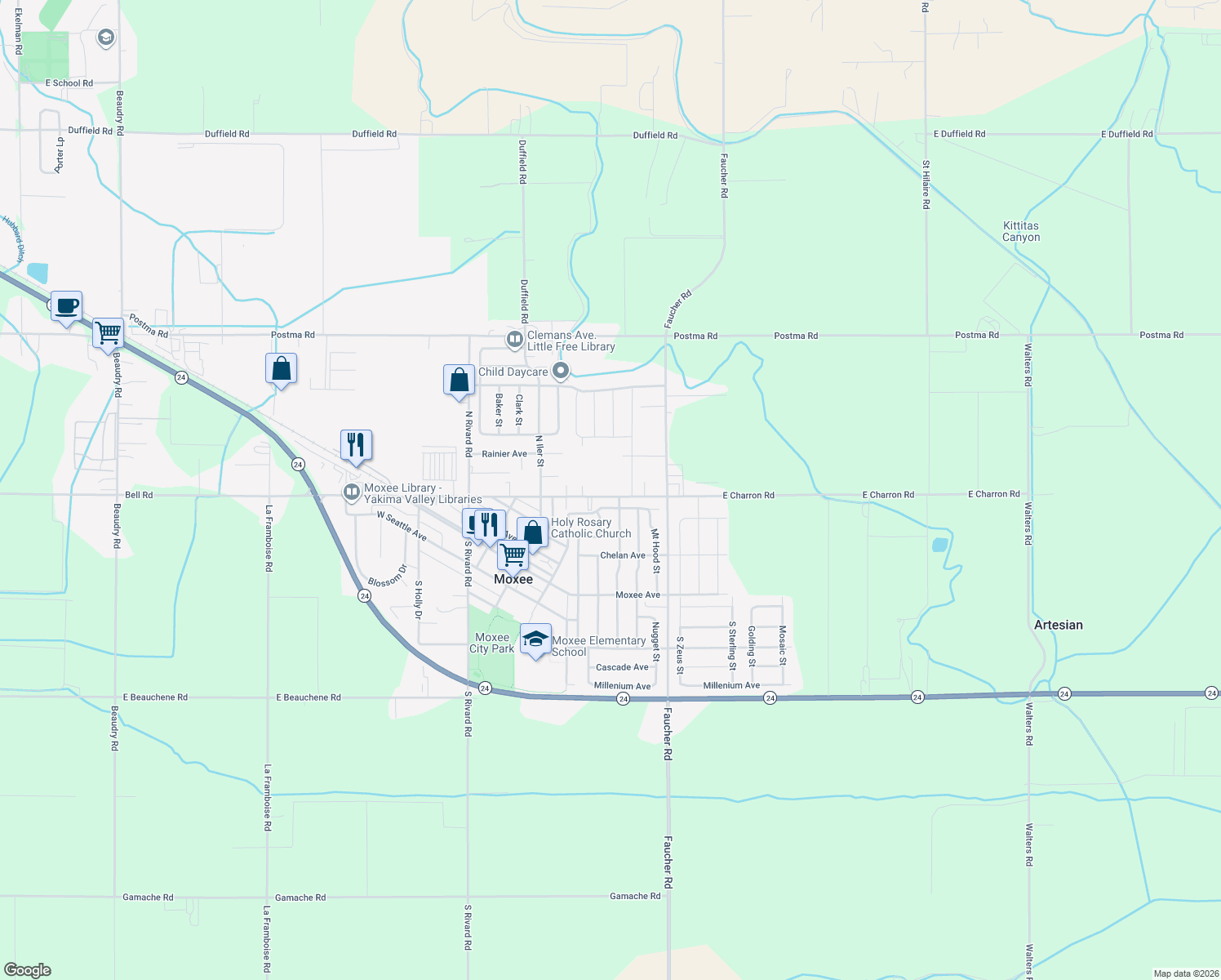 map of restaurants, bars, coffee shops, grocery stores, and more near 509 E Charron Rd in Moxee
