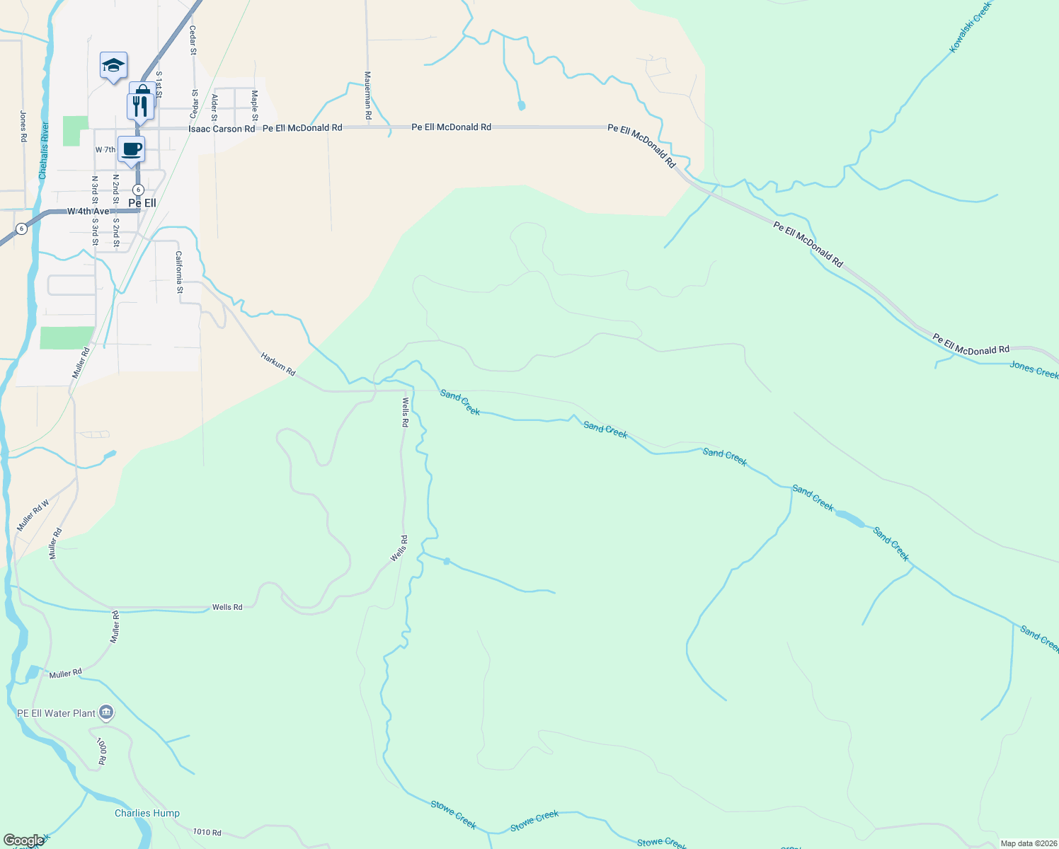 map of restaurants, bars, coffee shops, grocery stores, and more near Harkum Road in Pe Ell