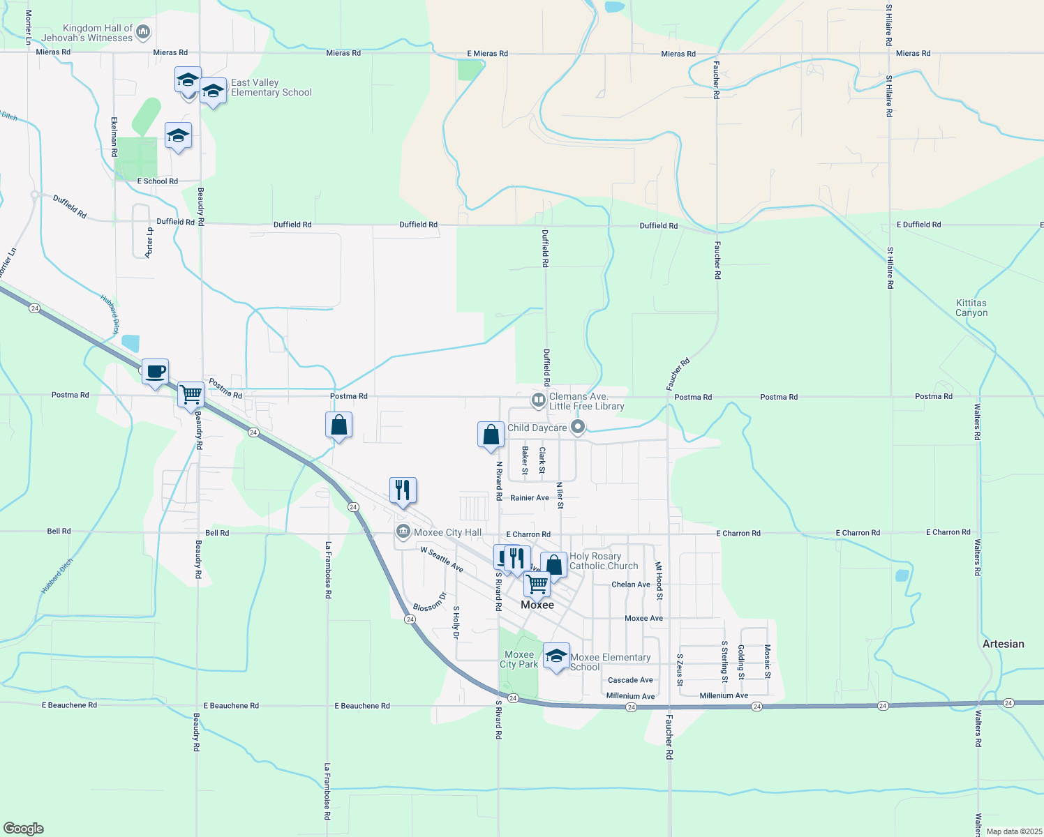 map of restaurants, bars, coffee shops, grocery stores, and more near 105 Darland Avenue in Moxee