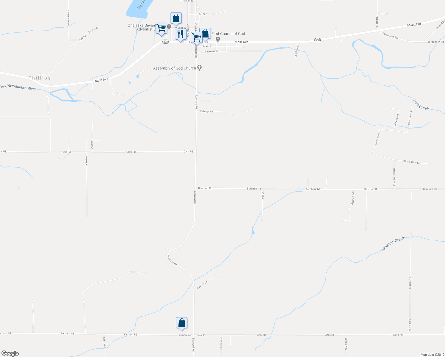 map of restaurants, bars, coffee shops, grocery stores, and more near 129 Burchett Road in Onalaska