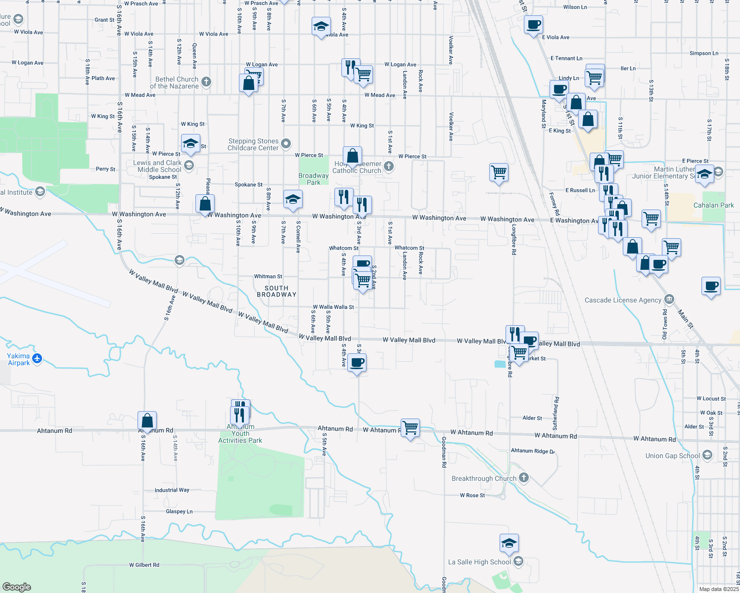 map of restaurants, bars, coffee shops, grocery stores, and more near 2114 S 2nd Ave in Union Gap