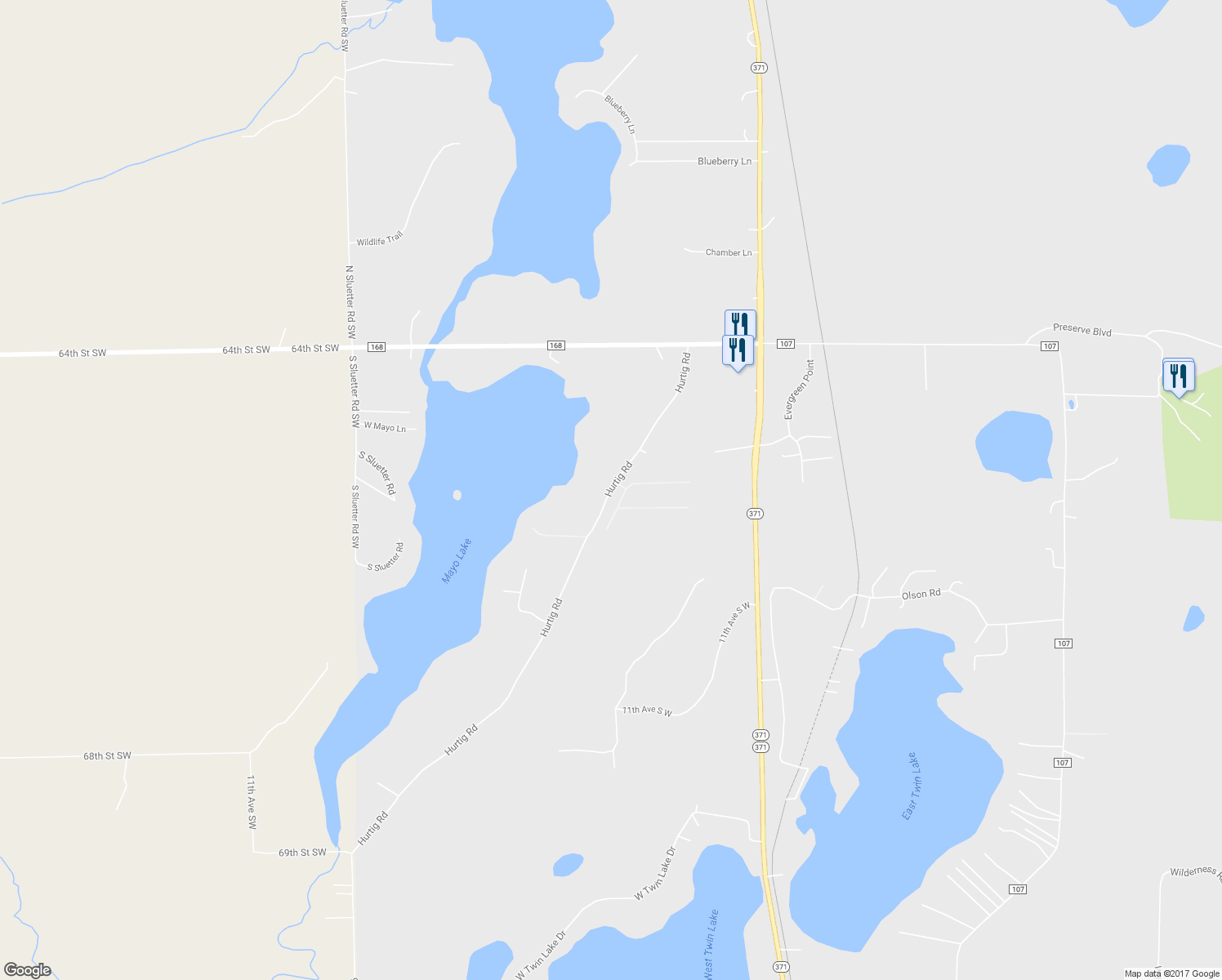 map of restaurants, bars, coffee shops, grocery stores, and more near 28668 Hurtig Road in Pequot Lakes