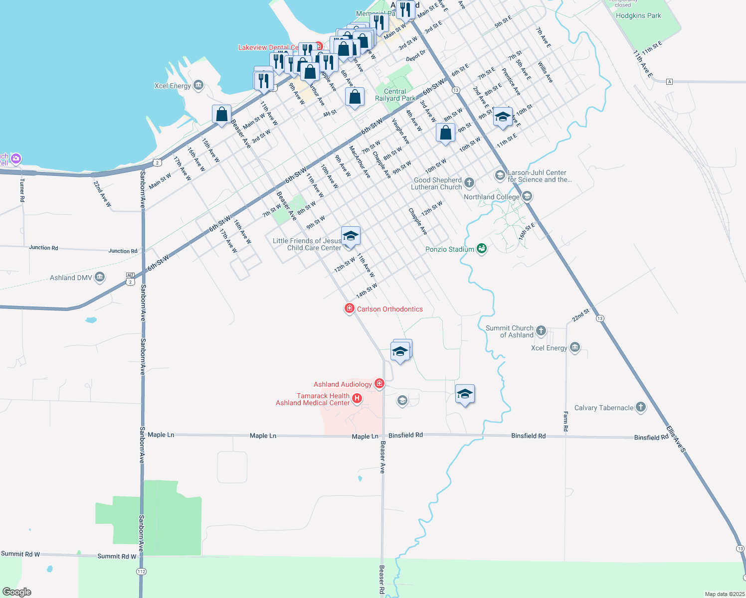 map of restaurants, bars, coffee shops, grocery stores, and more near 1414 12th Ave W in Ashland