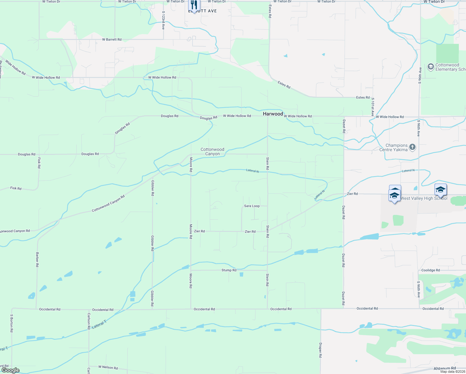 map of restaurants, bars, coffee shops, grocery stores, and more near 11402 Flintstone Rd in Yakima