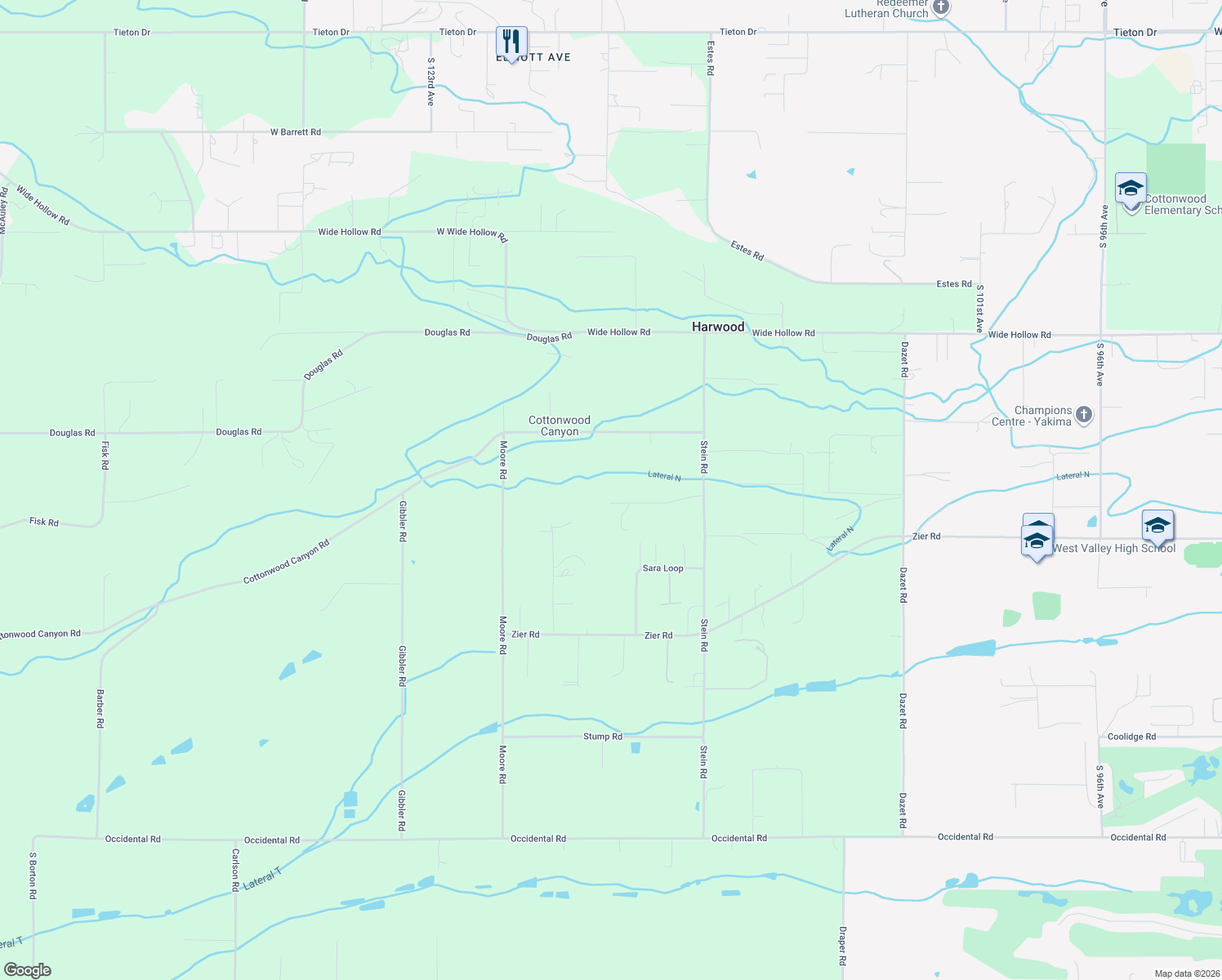 map of restaurants, bars, coffee shops, grocery stores, and more near 11501 Flintstone Road in Yakima