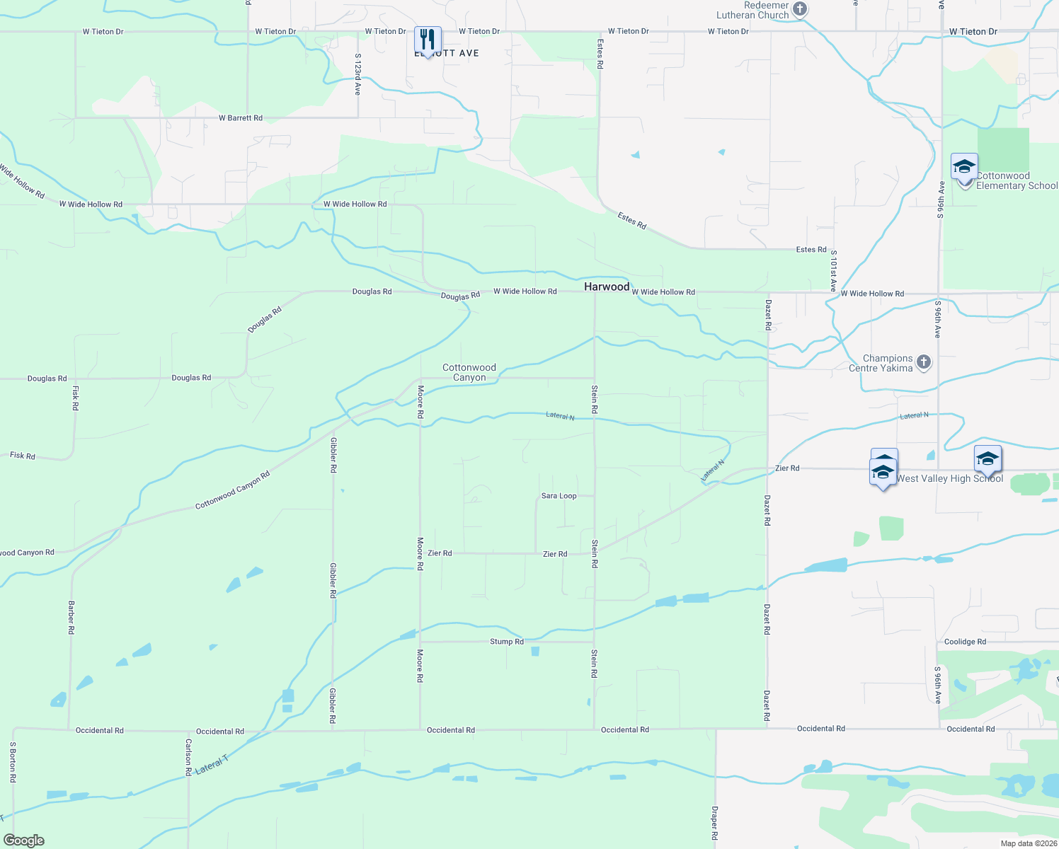 map of restaurants, bars, coffee shops, grocery stores, and more near 11501 Flintstone Rd in Yakima