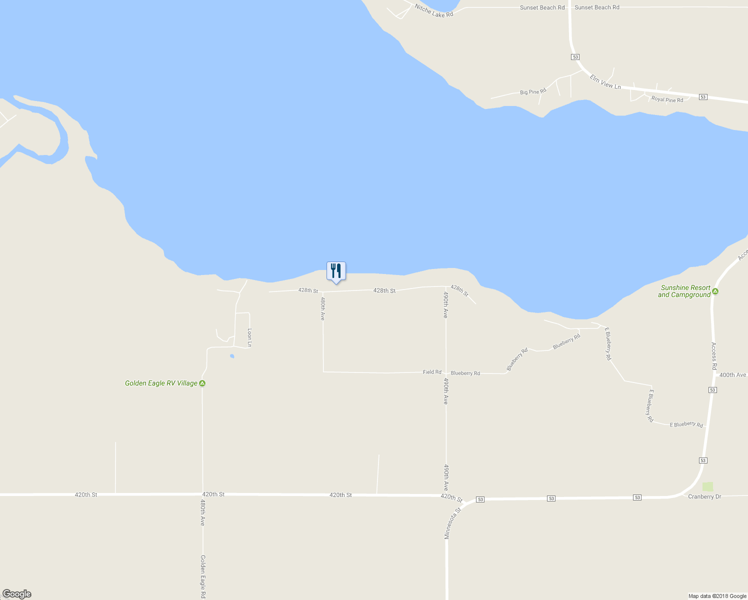 map of restaurants, bars, coffee shops, grocery stores, and more near 48754 428th Street in Perham