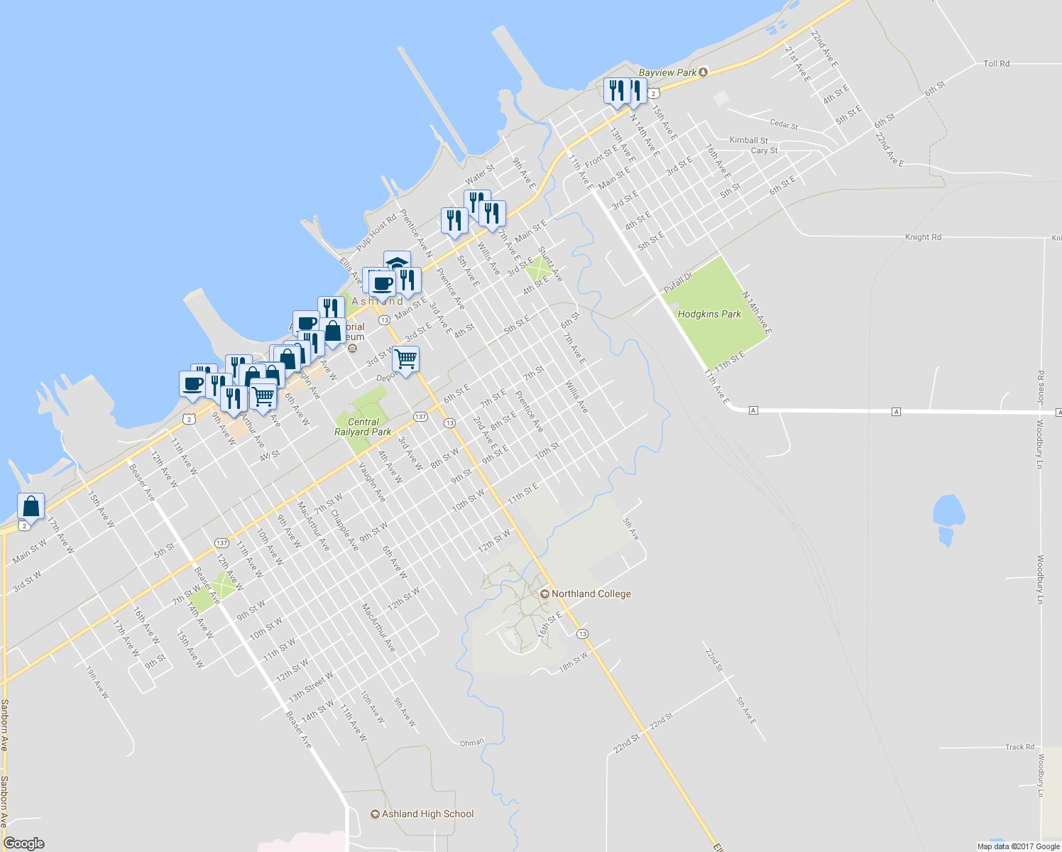 map of restaurants, bars, coffee shops, grocery stores, and more near 819 Prentice Avenue in Ashland