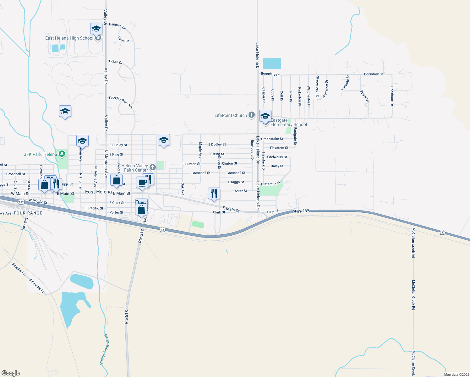 map of restaurants, bars, coffee shops, grocery stores, and more near 3740 Aster Street in East Helena