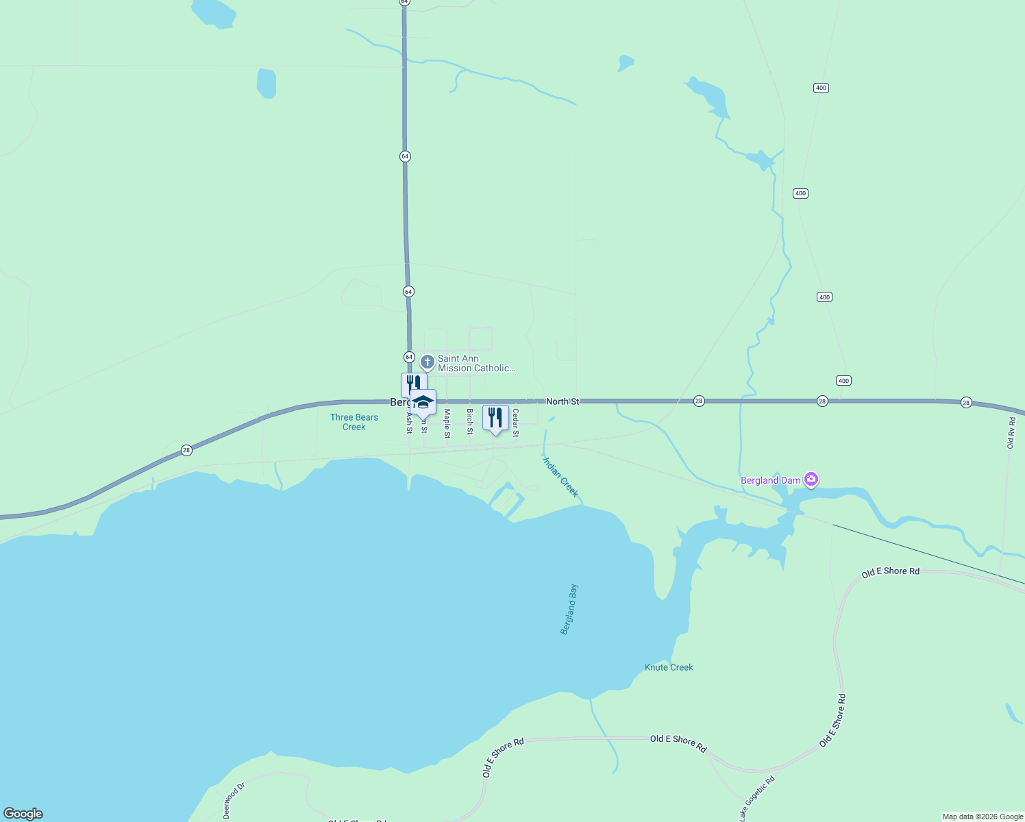 map of restaurants, bars, coffee shops, grocery stores, and more near 204 Cedar Street in Bergland