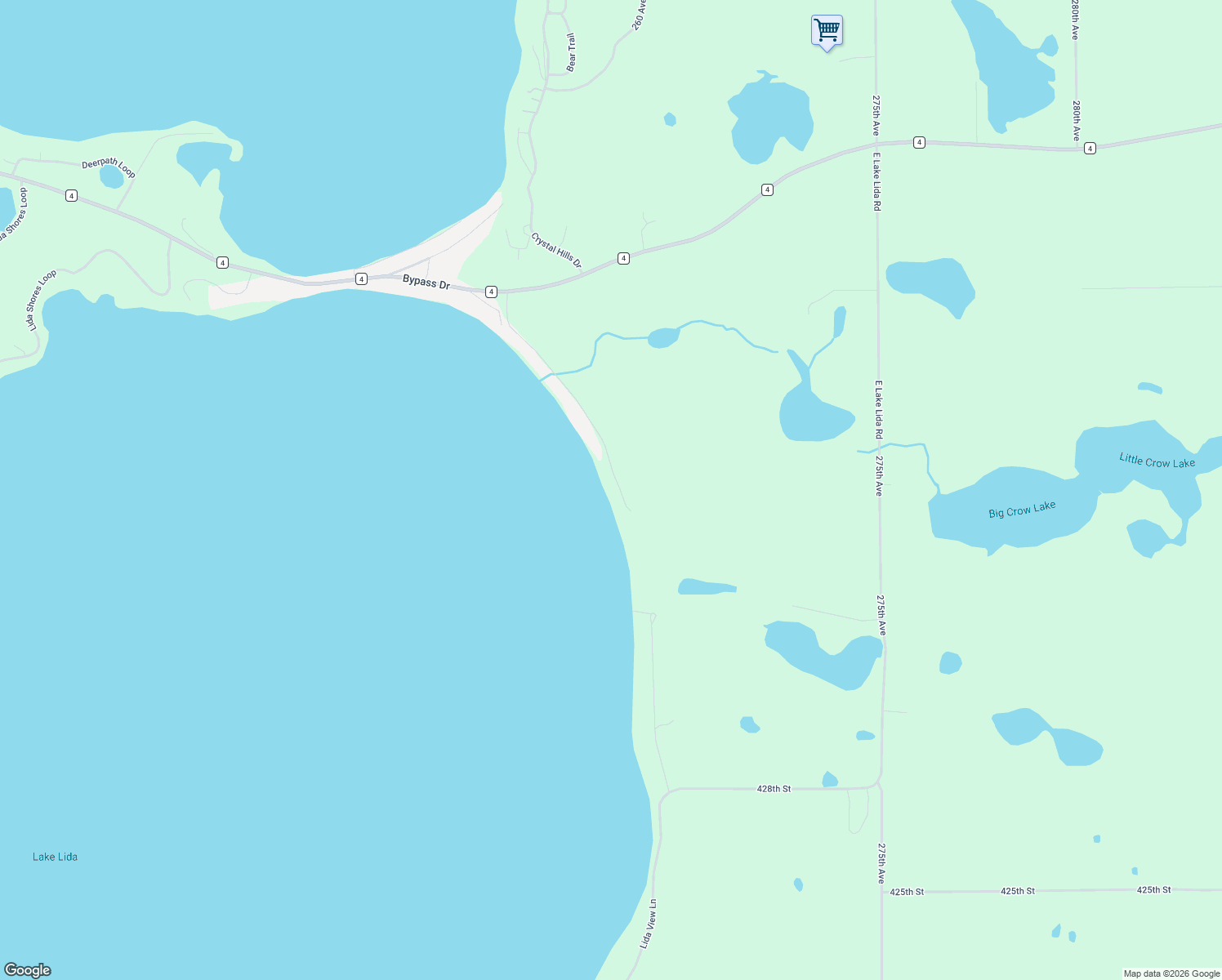 map of restaurants, bars, coffee shops, grocery stores, and more near 43523 Inlet Beach Road in Pelican Rapids