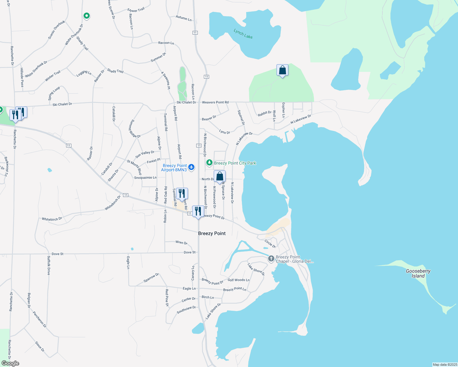 map of restaurants, bars, coffee shops, grocery stores, and more near 30393 North Lakeview Drive in Pequot Lakes