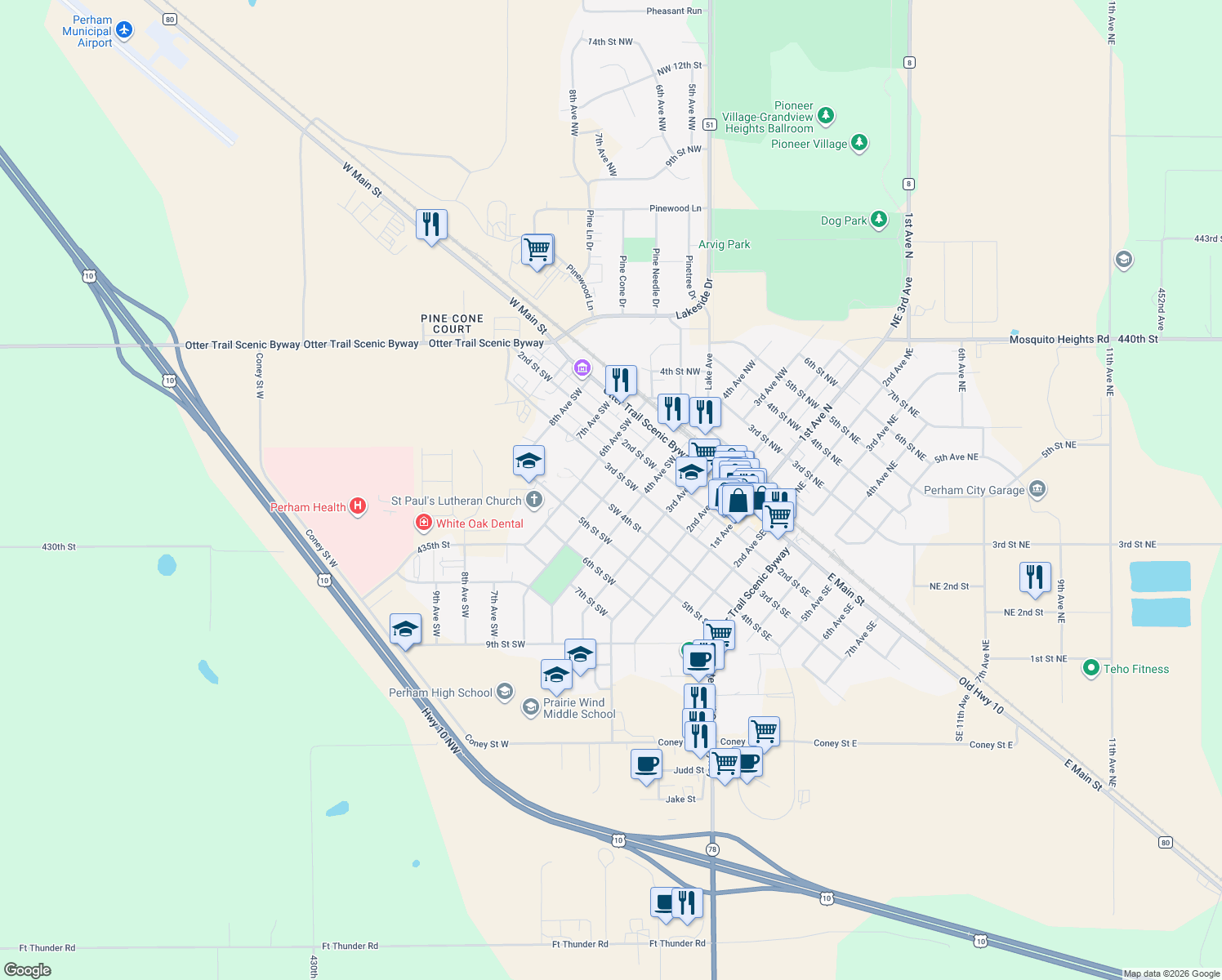 map of restaurants, bars, coffee shops, grocery stores, and more near 357 5th Avenue Southwest in Perham