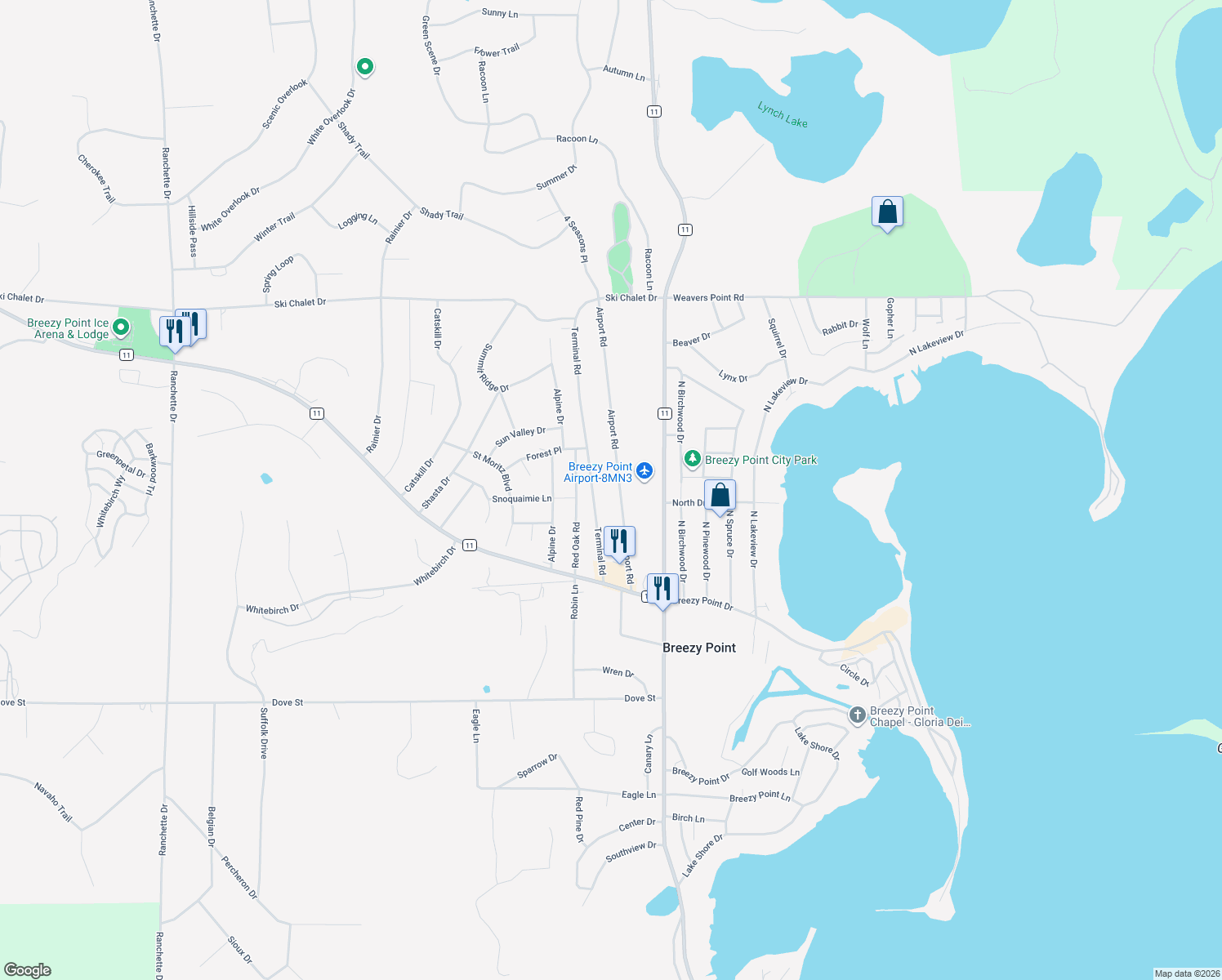 map of restaurants, bars, coffee shops, grocery stores, and more near 30505 Airport Road in Pequot Lakes