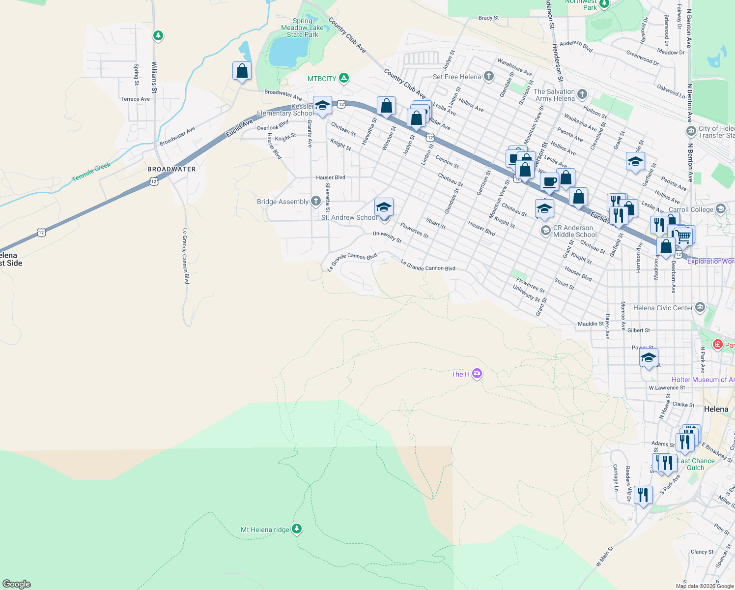 map of restaurants, bars, coffee shops, grocery stores, and more near Northwest Passage Trail in Helena