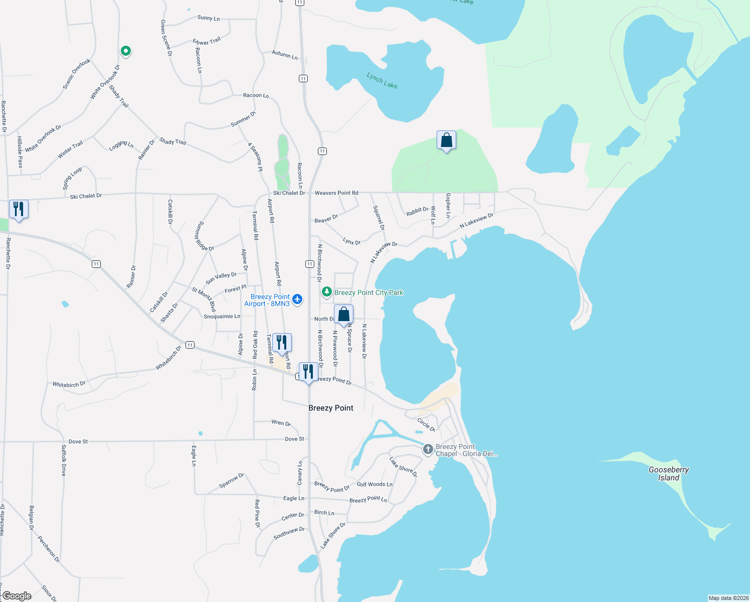 map of restaurants, bars, coffee shops, grocery stores, and more near 30456 North Lakeview Drive in Pequot Lakes
