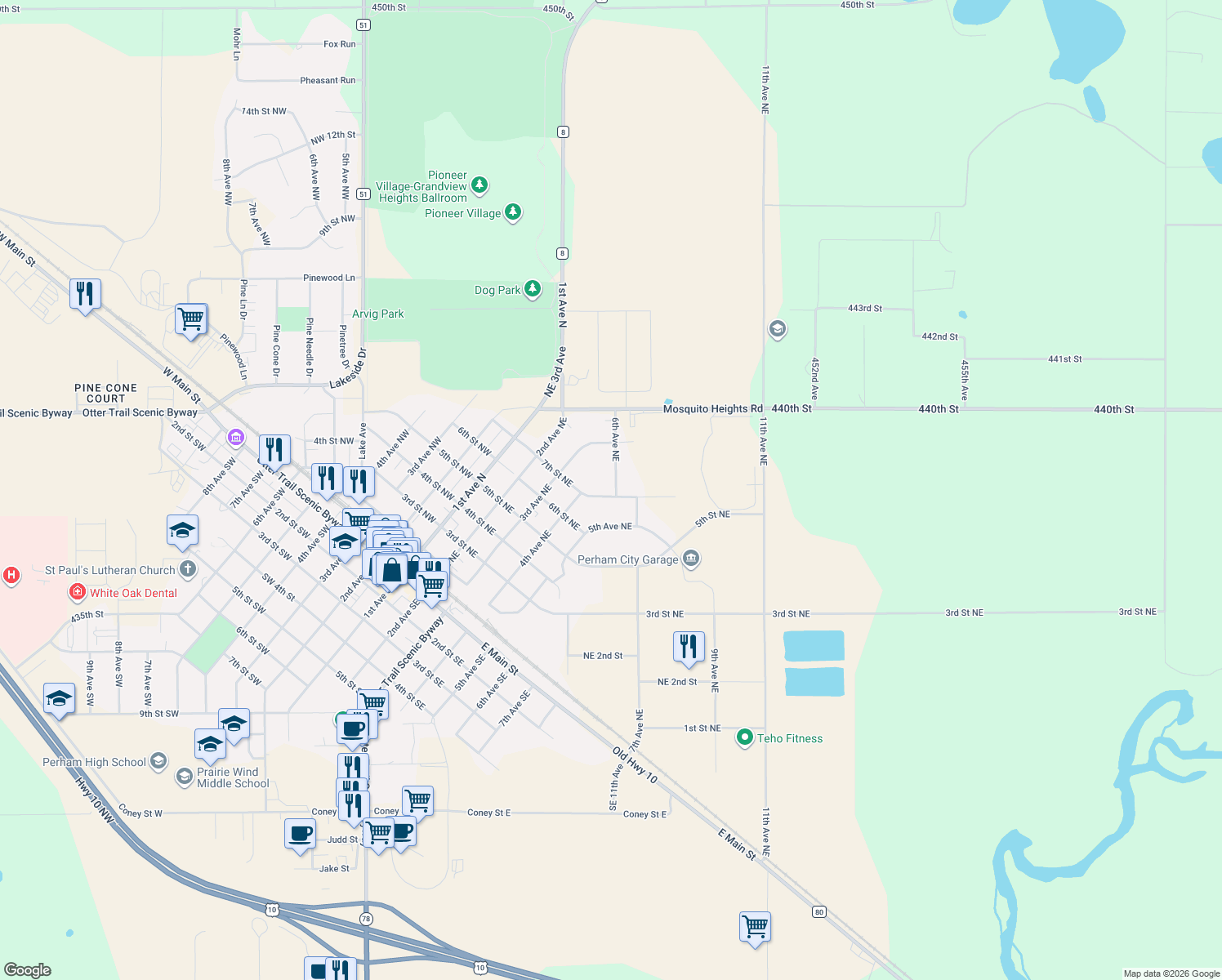 map of restaurants, bars, coffee shops, grocery stores, and more near 705 6th Avenue Northeast in Perham