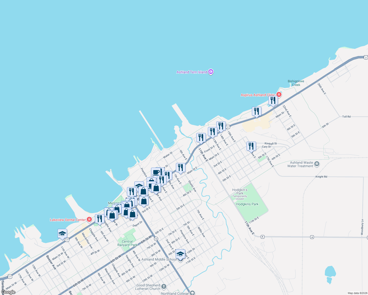 map of restaurants, bars, coffee shops, grocery stores, and more near 912 Water Street in Ashland