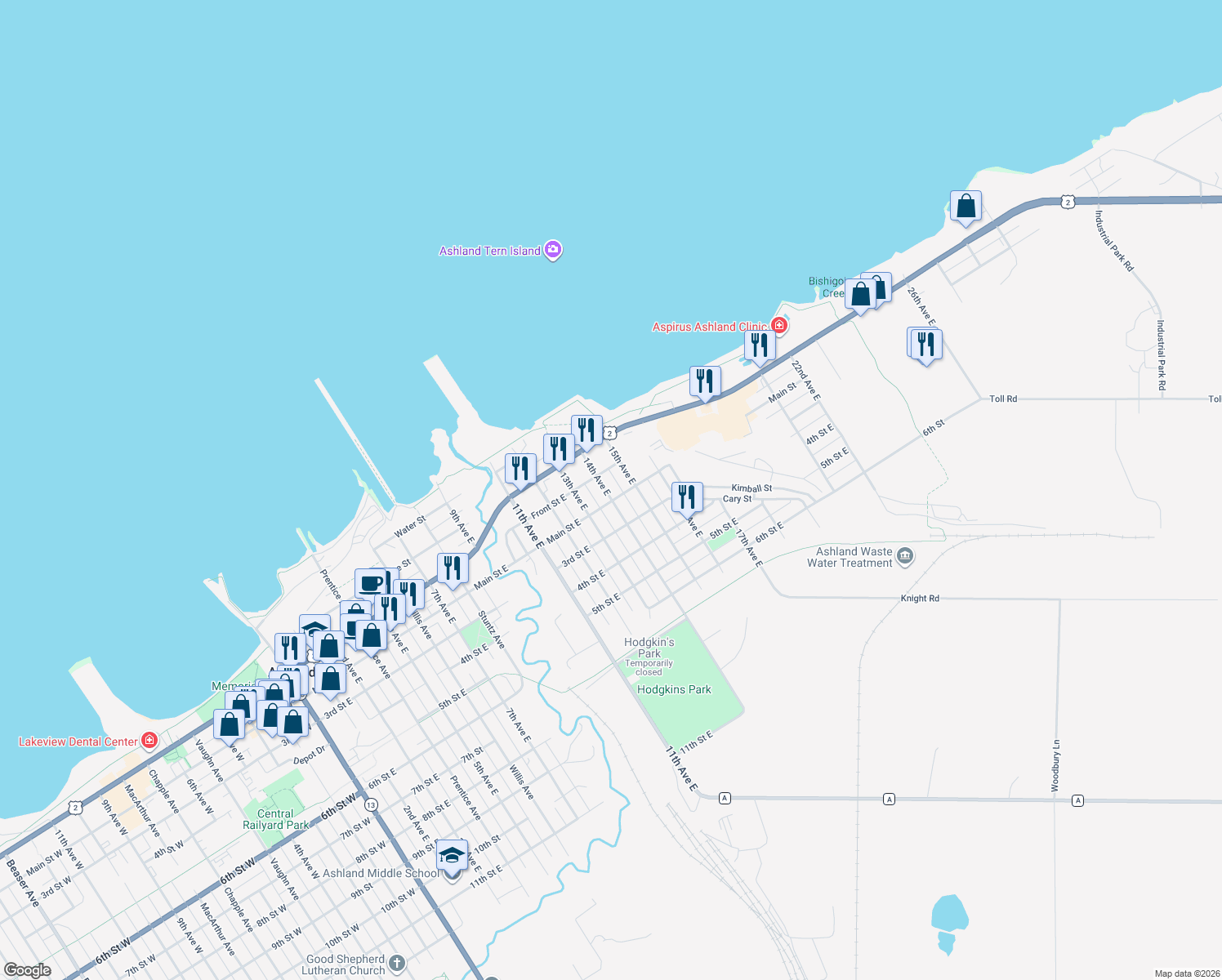 map of restaurants, bars, coffee shops, grocery stores, and more near 116 North 14th Avenue East in Ashland