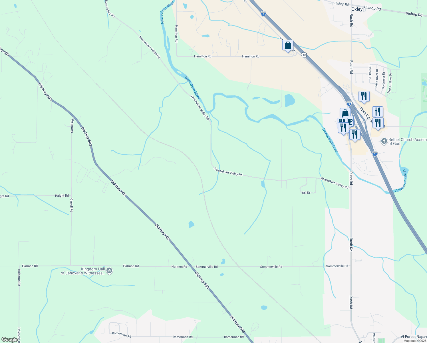 map of restaurants, bars, coffee shops, grocery stores, and more near 416 Newaukum Valley Road in Chehalis