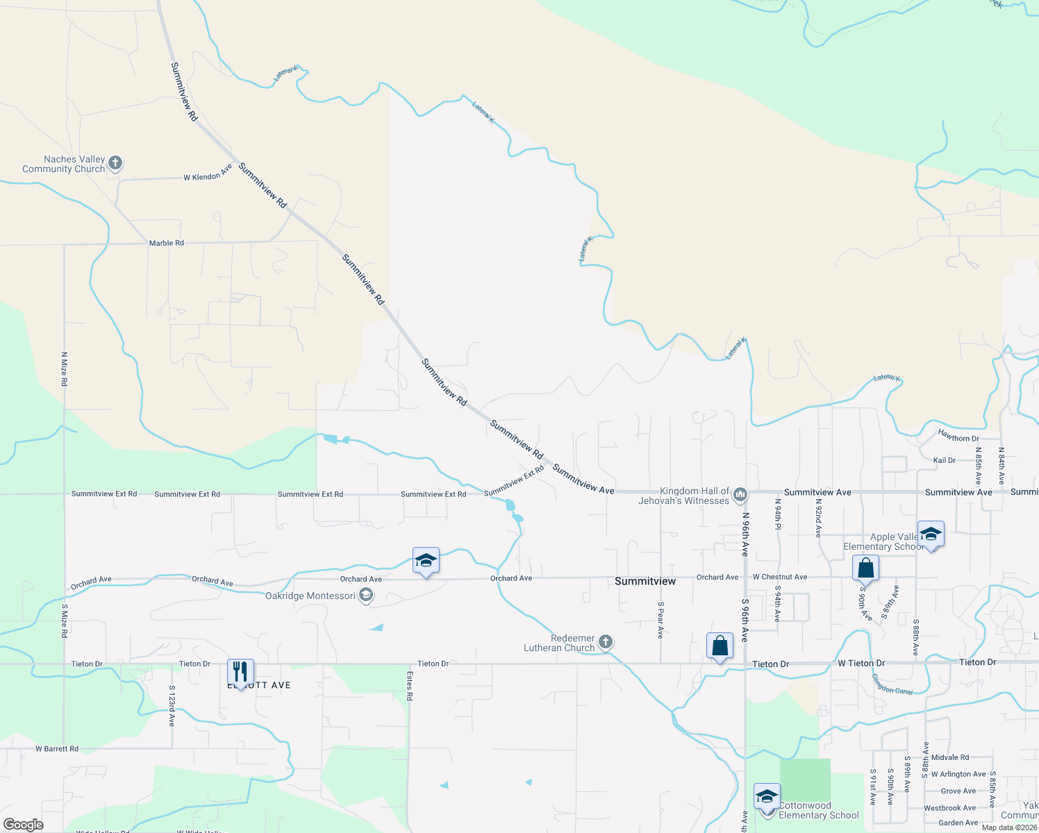 map of restaurants, bars, coffee shops, grocery stores, and more near 10709 Summitview Road in Yakima