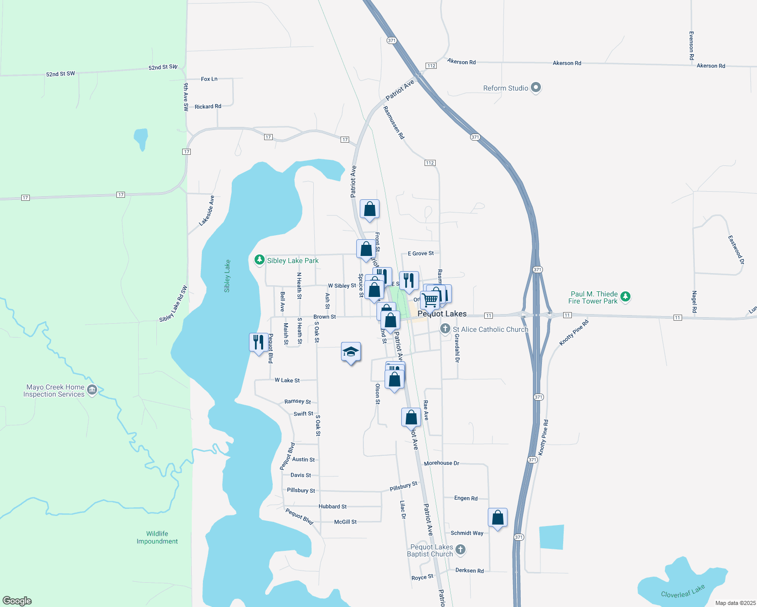 map of restaurants, bars, coffee shops, grocery stores, and more near 31055 Front Street in Pequot Lakes