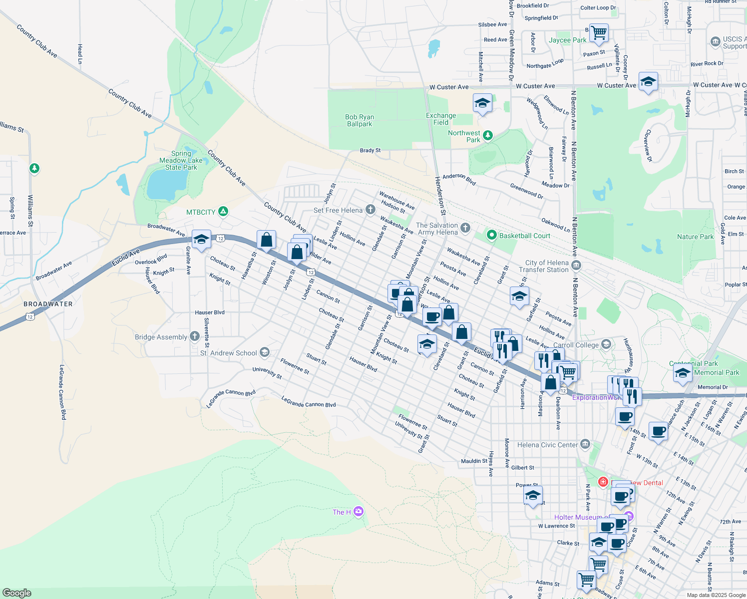map of restaurants, bars, coffee shops, grocery stores, and more near Garrison Street in Helena