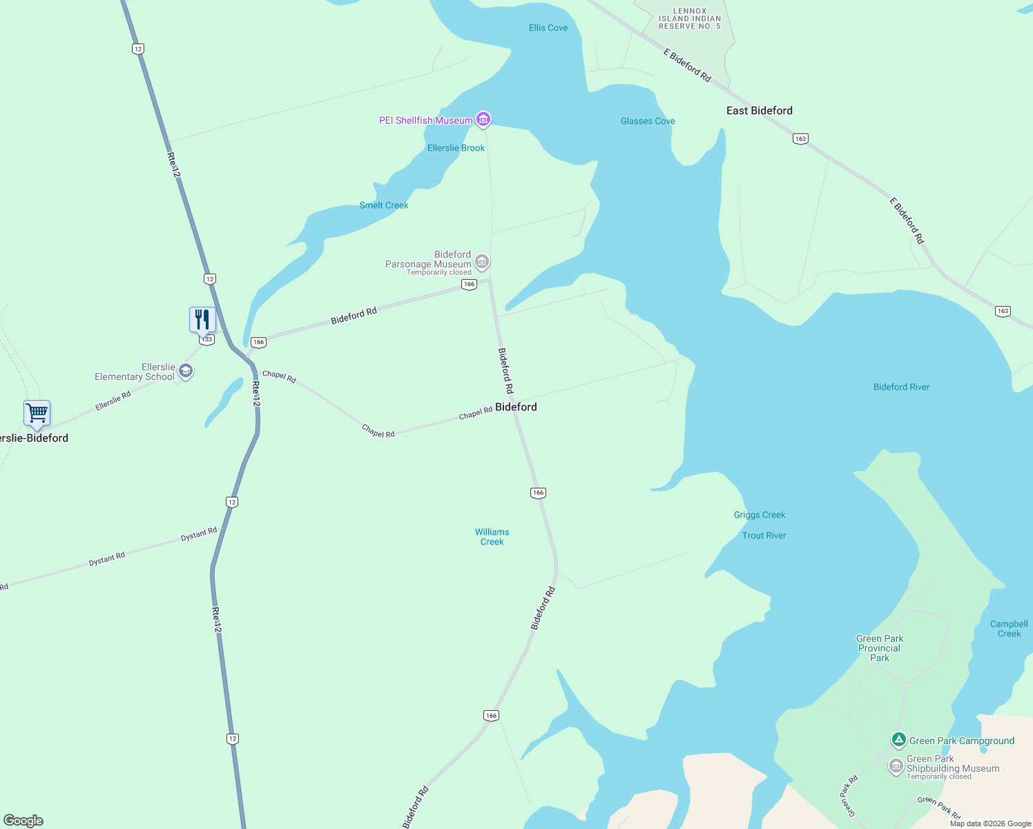 map of restaurants, bars, coffee shops, grocery stores, and more near 648 Bideford Road in Tyne Valley