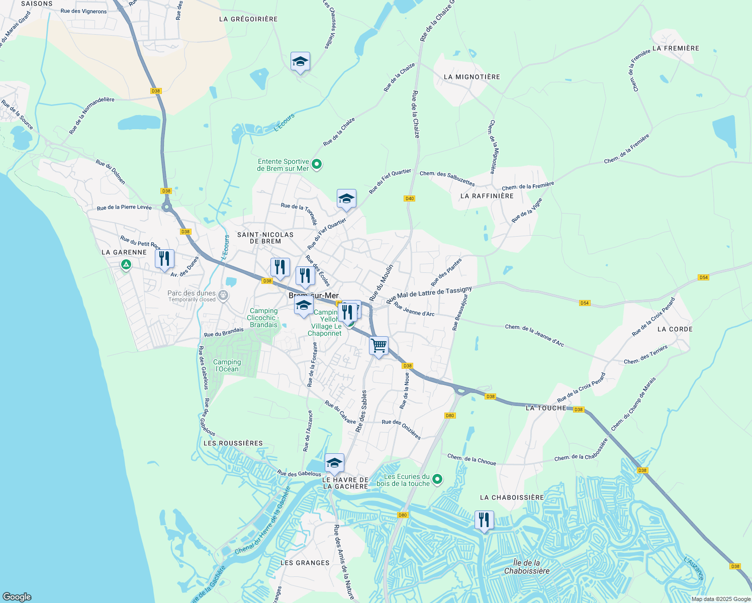 map of restaurants, bars, coffee shops, grocery stores, and more near in Brem-sur-Mer