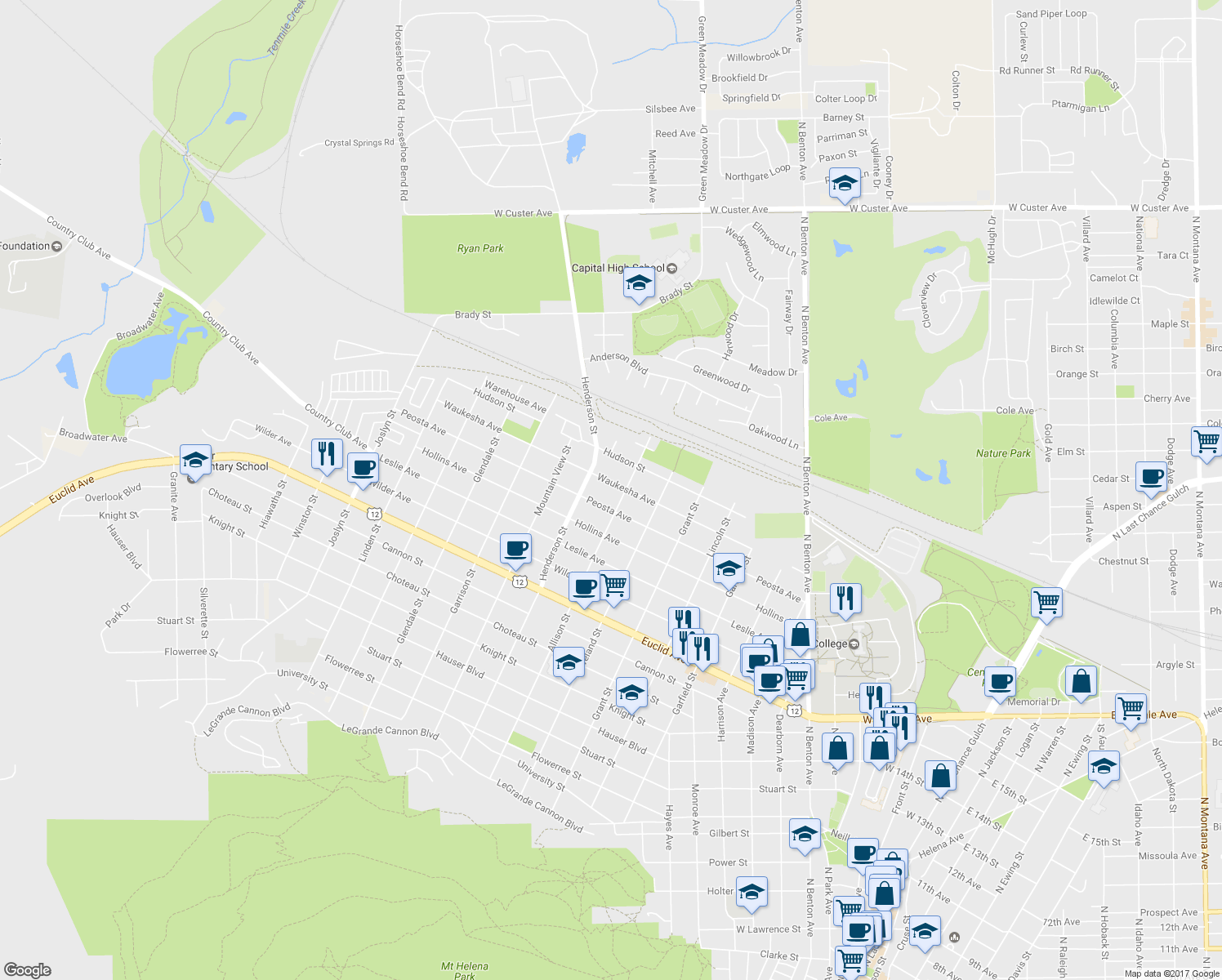 map of restaurants, bars, coffee shops, grocery stores, and more near 1311 Waukesha Avenue in Helena
