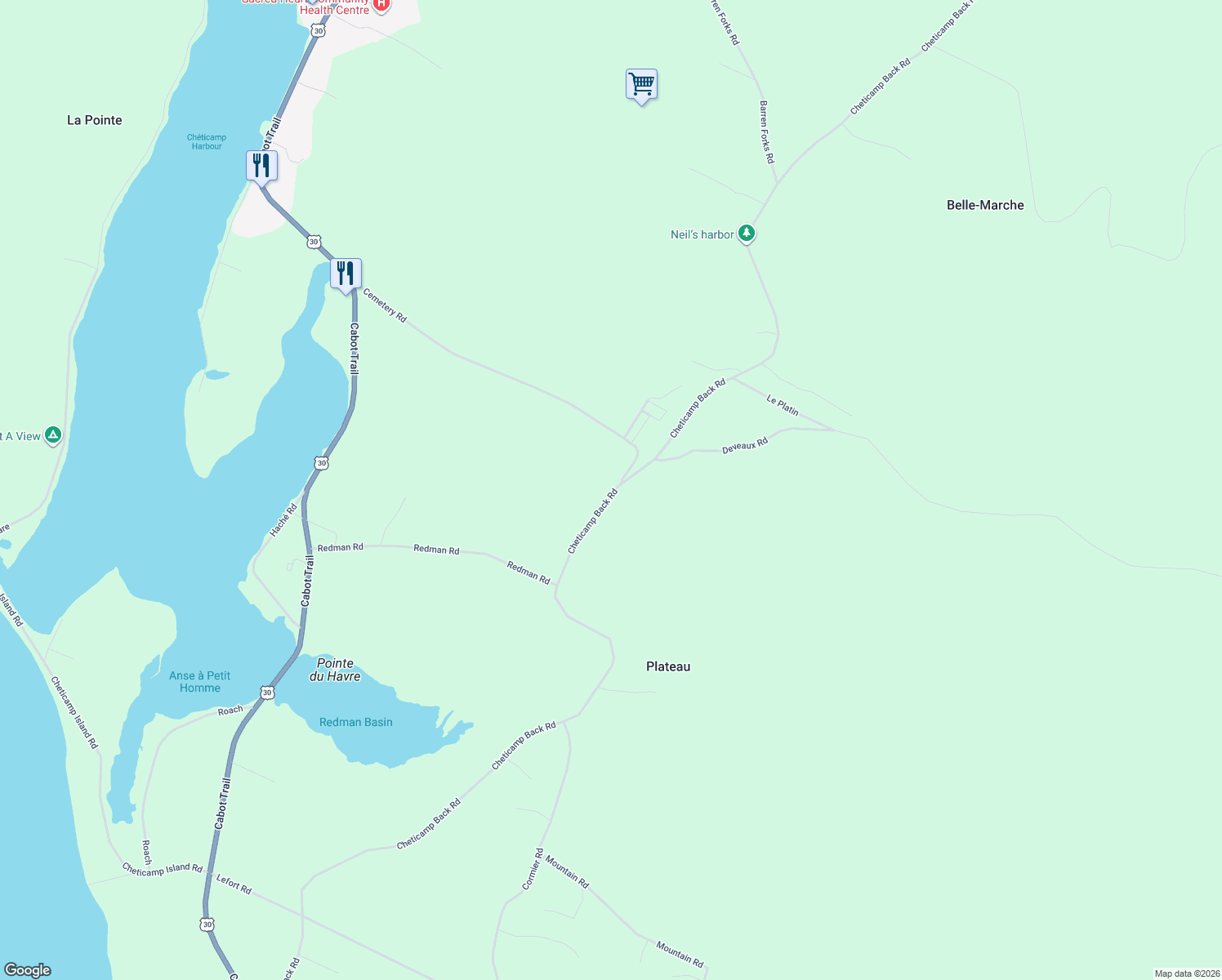 map of restaurants, bars, coffee shops, grocery stores, and more near 609 Cheticamp Back Road in Grand Étang