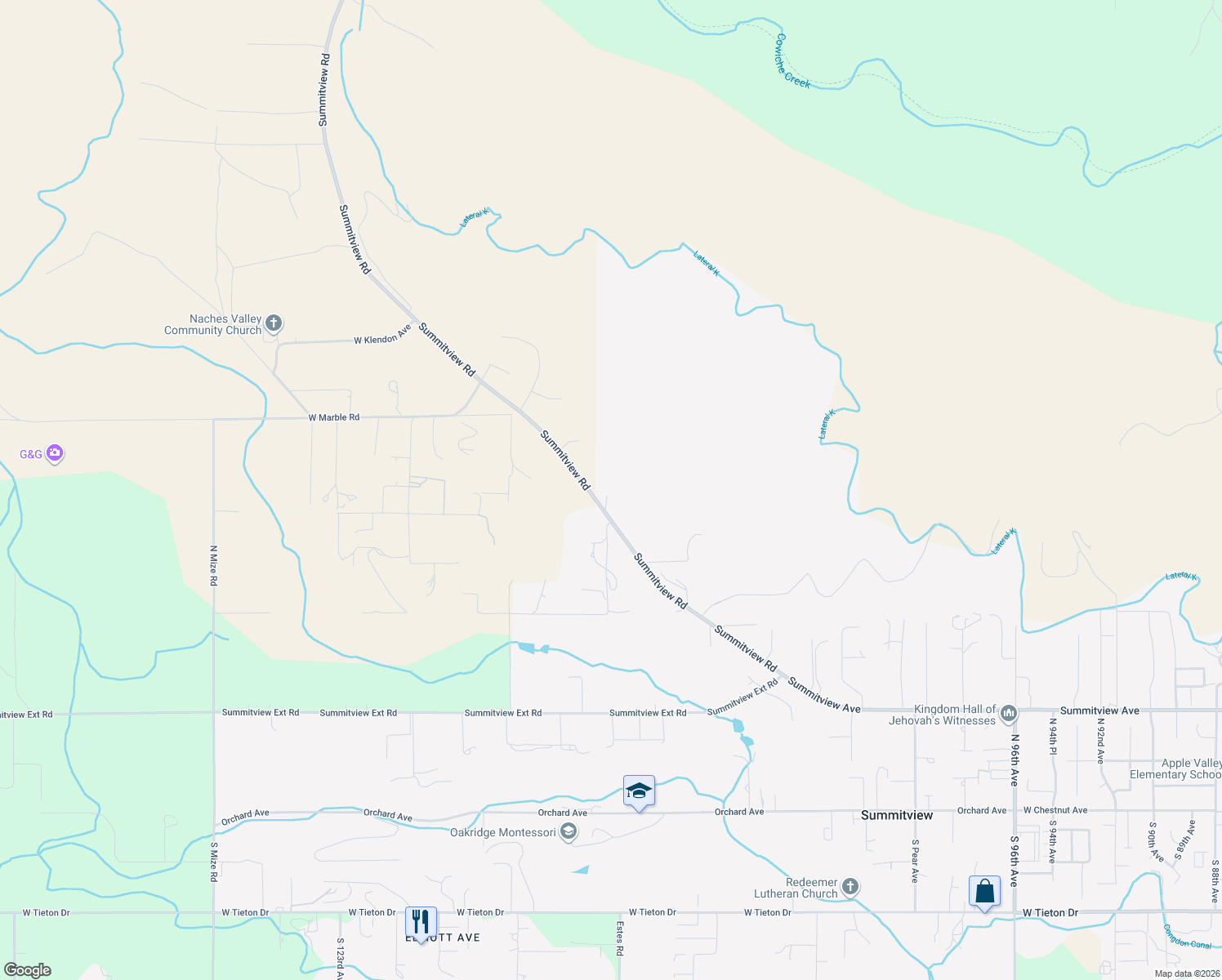 map of restaurants, bars, coffee shops, grocery stores, and more near 11115 Summitview Road in Yakima