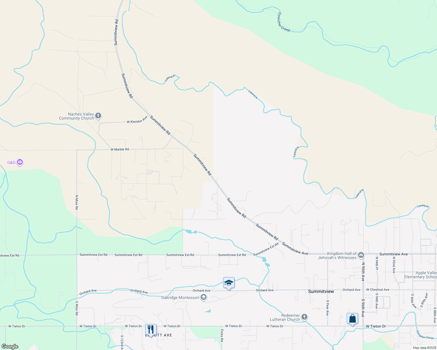 map of restaurants, bars, coffee shops, grocery stores, and more near 11115 Summitview Rd in Yakima