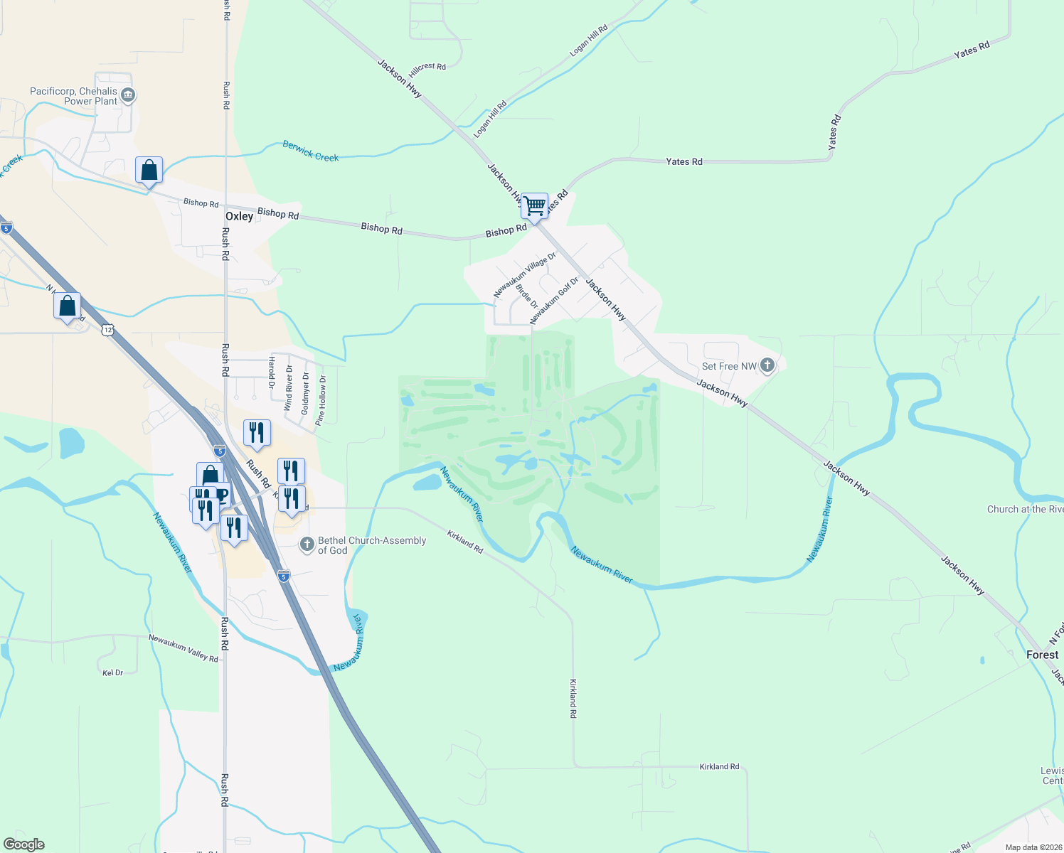 map of restaurants, bars, coffee shops, grocery stores, and more near 299 Newaukum Golf Drive in Chehalis