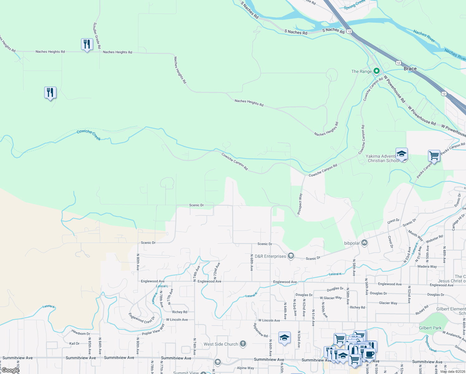 map of restaurants, bars, coffee shops, grocery stores, and more near Scenic Canyon Lane in Yakima