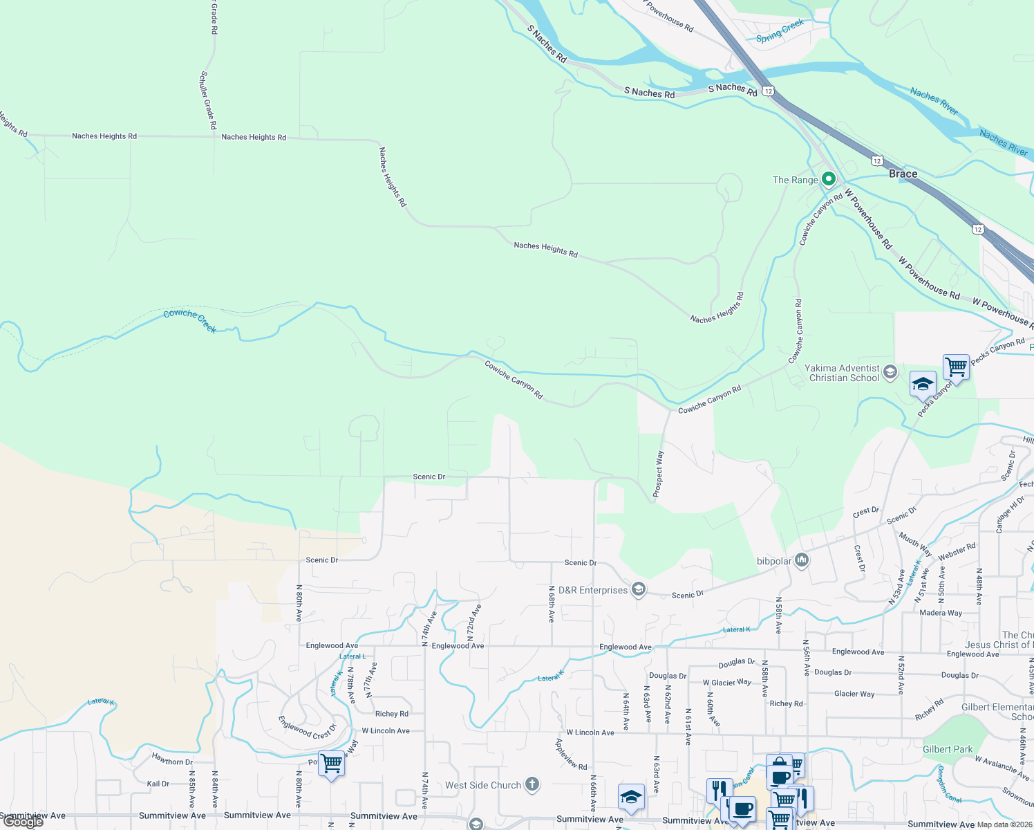 map of restaurants, bars, coffee shops, grocery stores, and more near Scenic Canyon Lane in Yakima