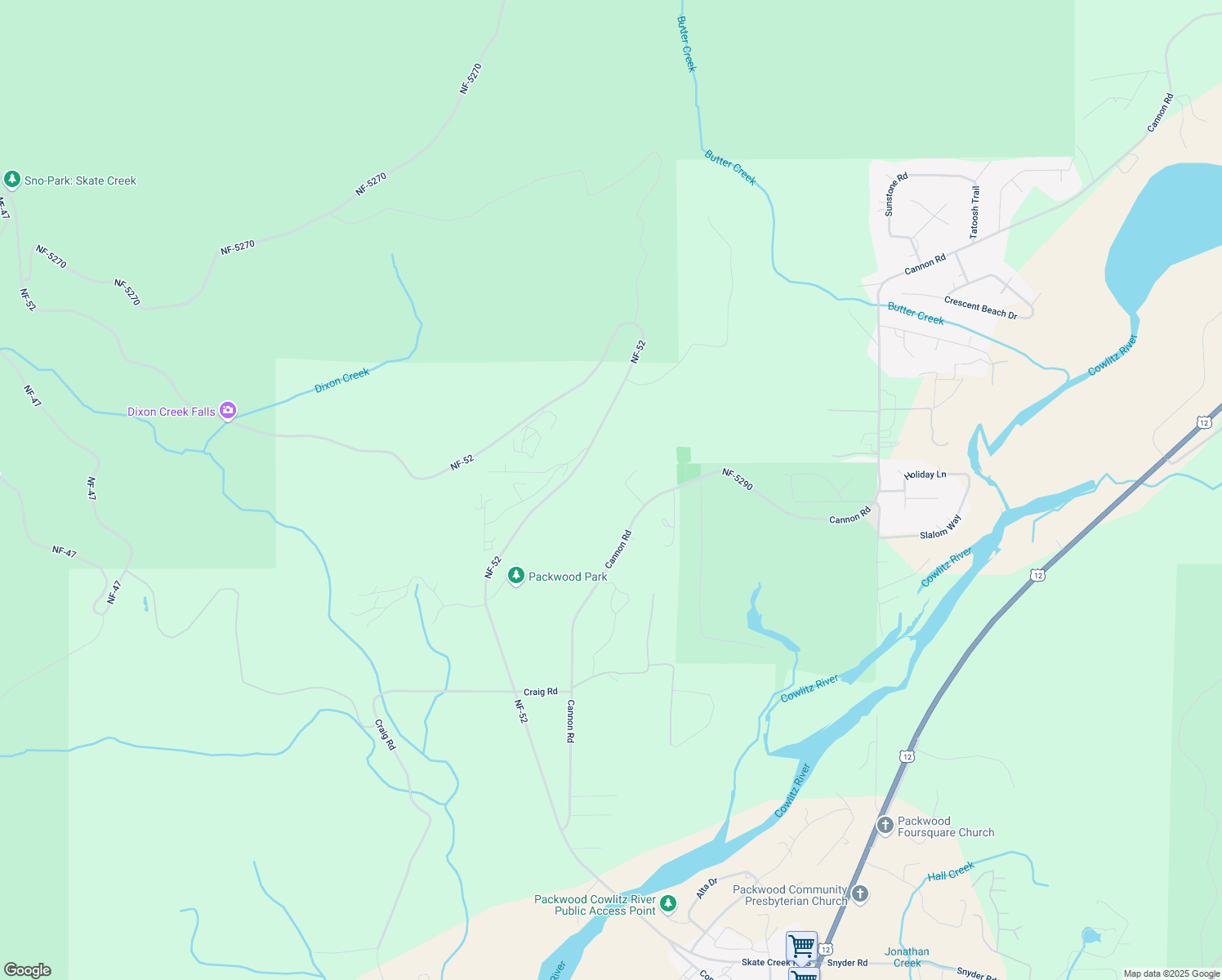 map of restaurants, bars, coffee shops, grocery stores, and more near 283 Cannon Road in Packwood