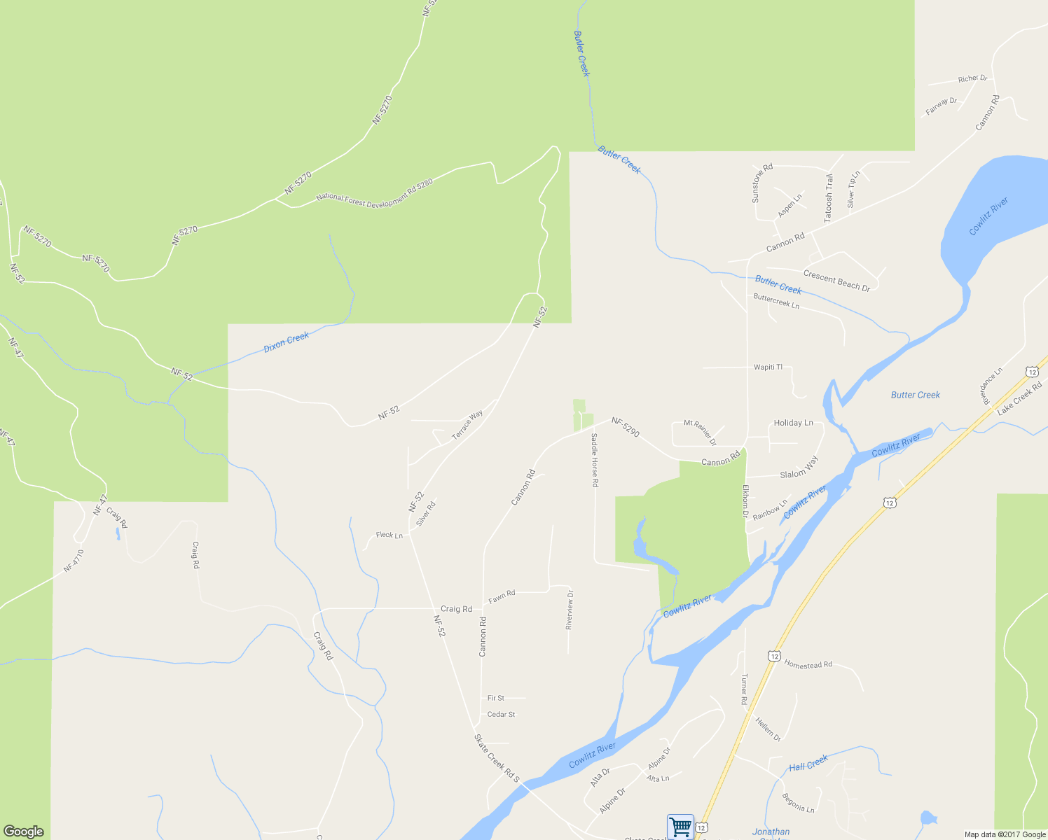 map of restaurants, bars, coffee shops, grocery stores, and more near 283 Cannon Road in Packwood