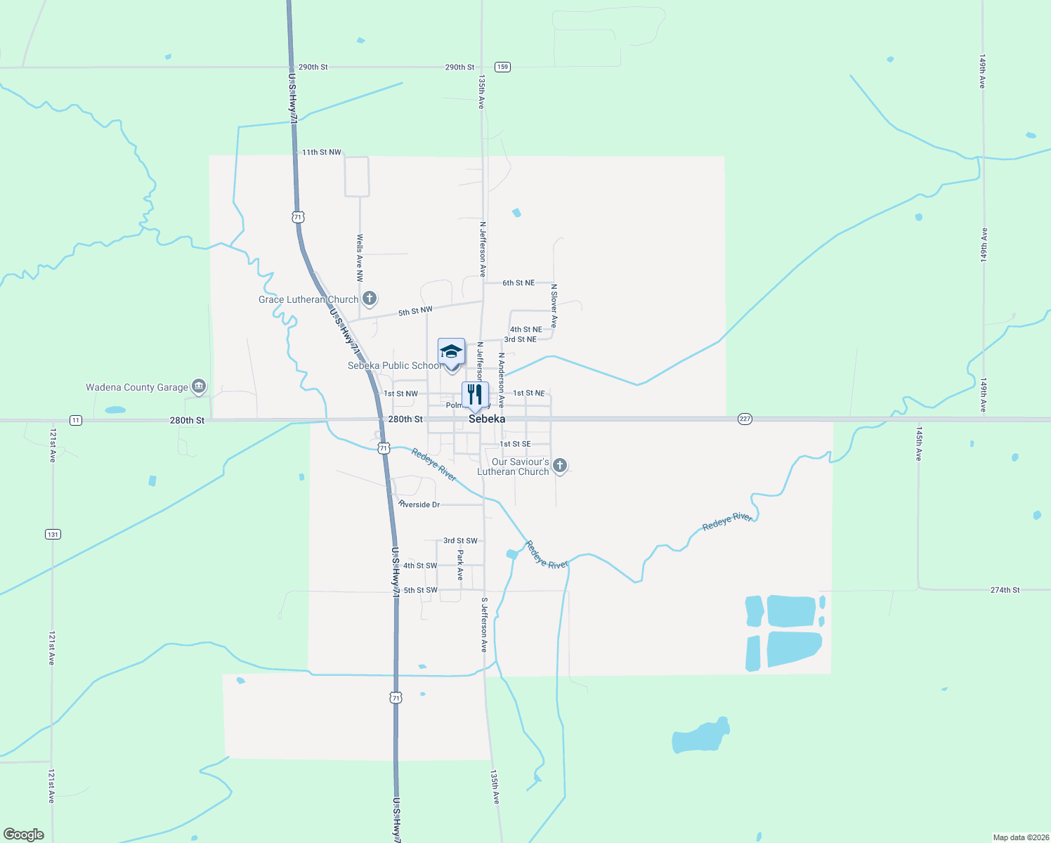 map of restaurants, bars, coffee shops, grocery stores, and more near 11 South Clifford Avenue in Sebeka