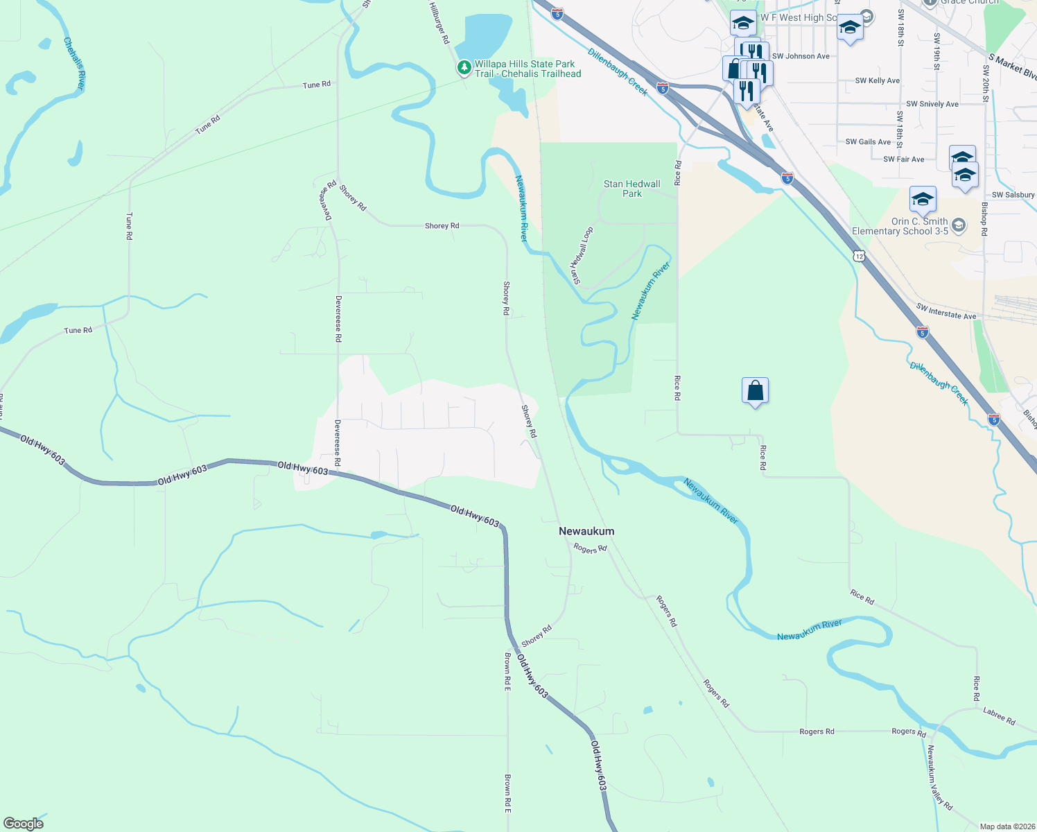 map of restaurants, bars, coffee shops, grocery stores, and more near 935 Shorey Road in Chehalis