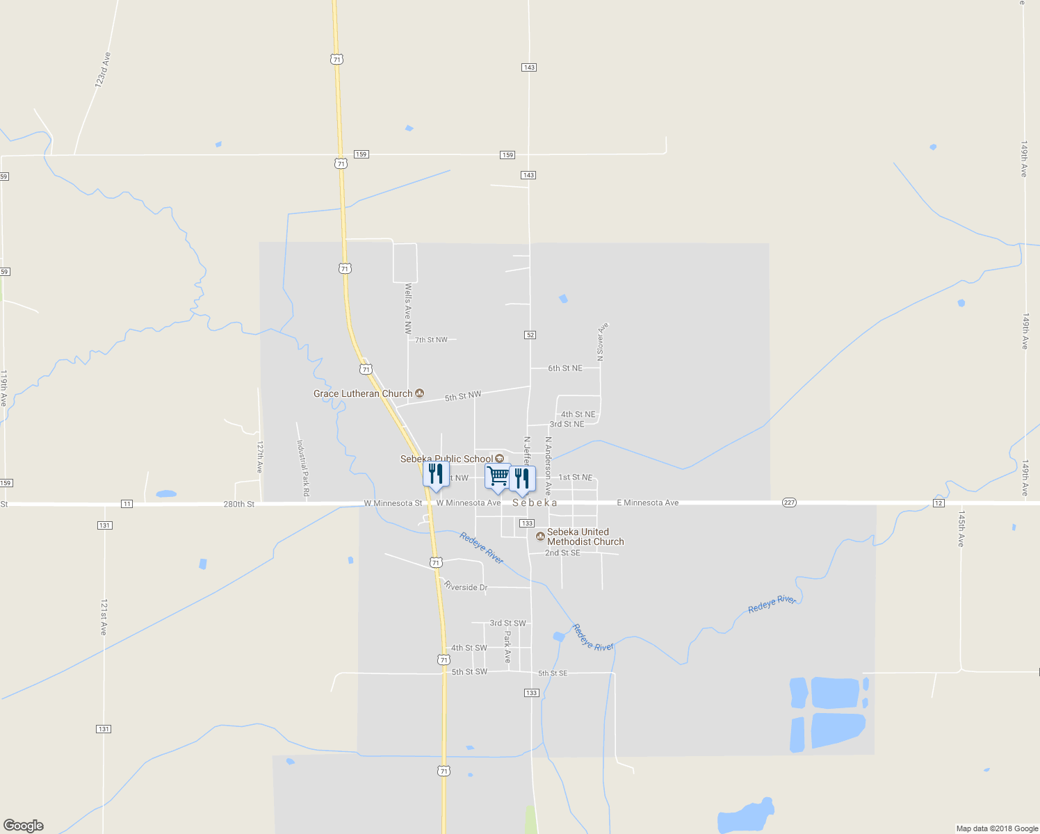 map of restaurants, bars, coffee shops, grocery stores, and more near 305 North Jefferson Avenue in Sebeka