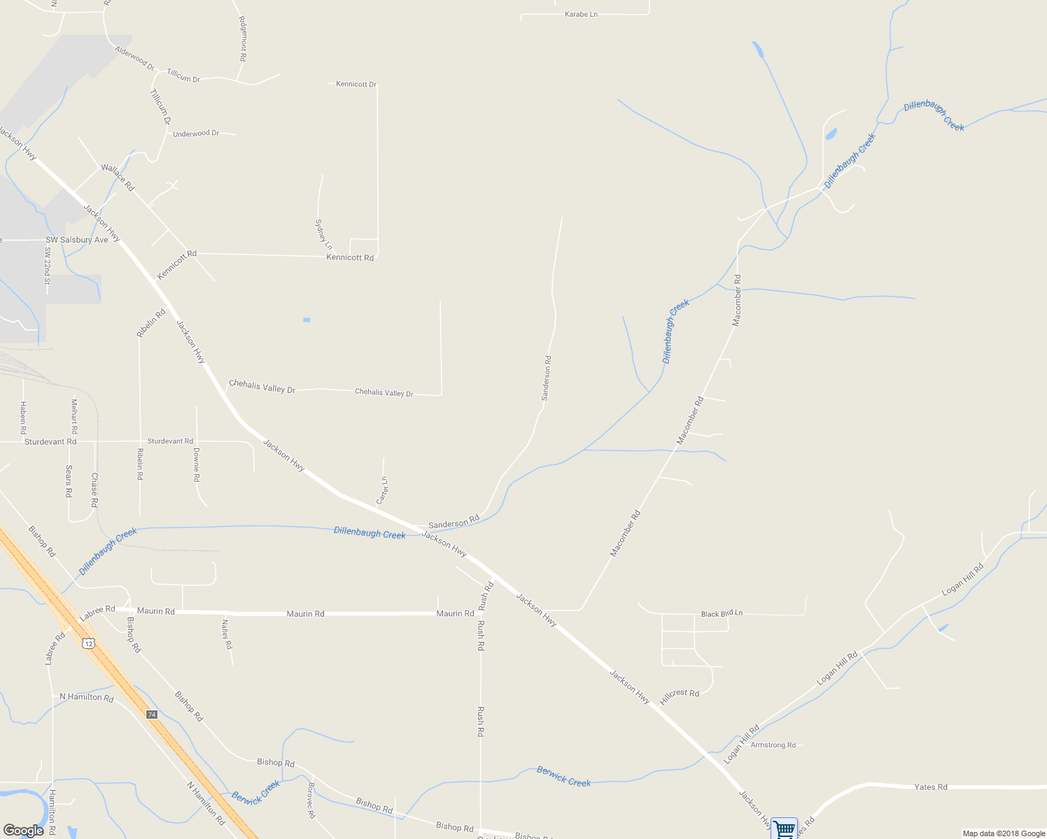 map of restaurants, bars, coffee shops, grocery stores, and more near 215 Sanderson Road in Chehalis