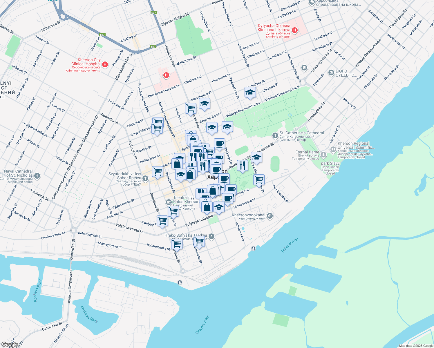 map of restaurants, bars, coffee shops, grocery stores, and more near in Kherson