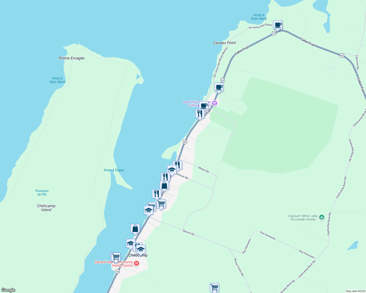 map of restaurants, bars, coffee shops, grocery stores, and more near 15472 Cabot Trail in Chéticamp