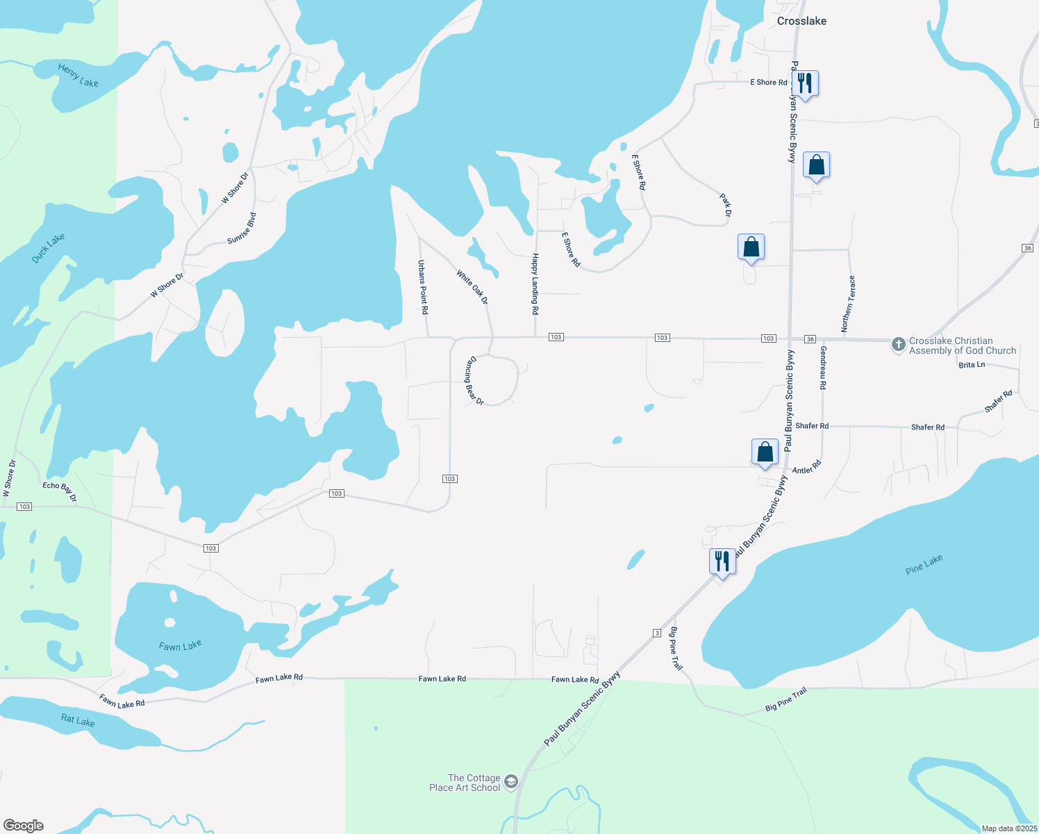 map of restaurants, bars, coffee shops, grocery stores, and more near 33847 Dancing Bear Drive in Crosslake