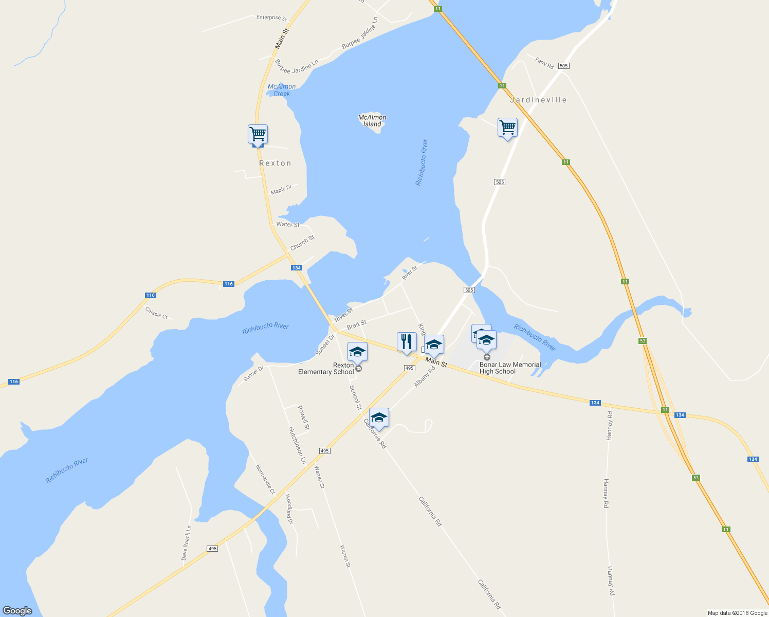 map of restaurants, bars, coffee shops, grocery stores, and more near 3 York Street in Rexton
