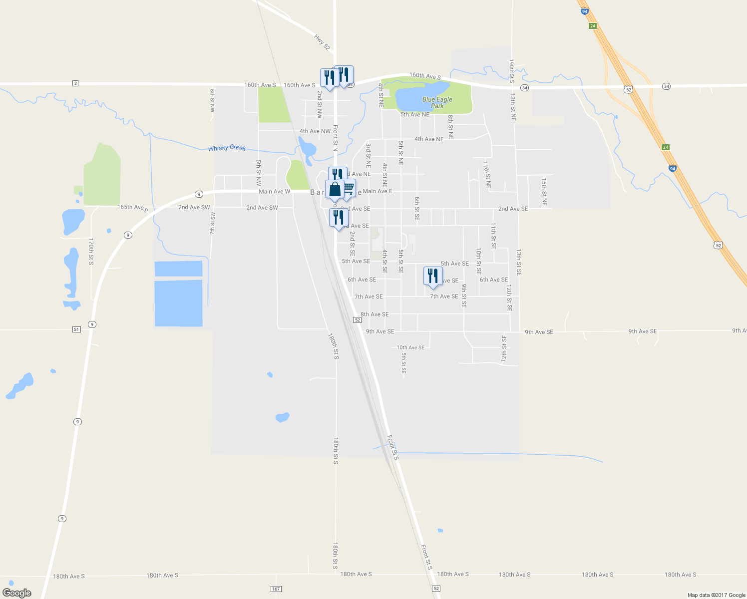 map of restaurants, bars, coffee shops, grocery stores, and more near 302 7th Avenue Southeast in Barnesville