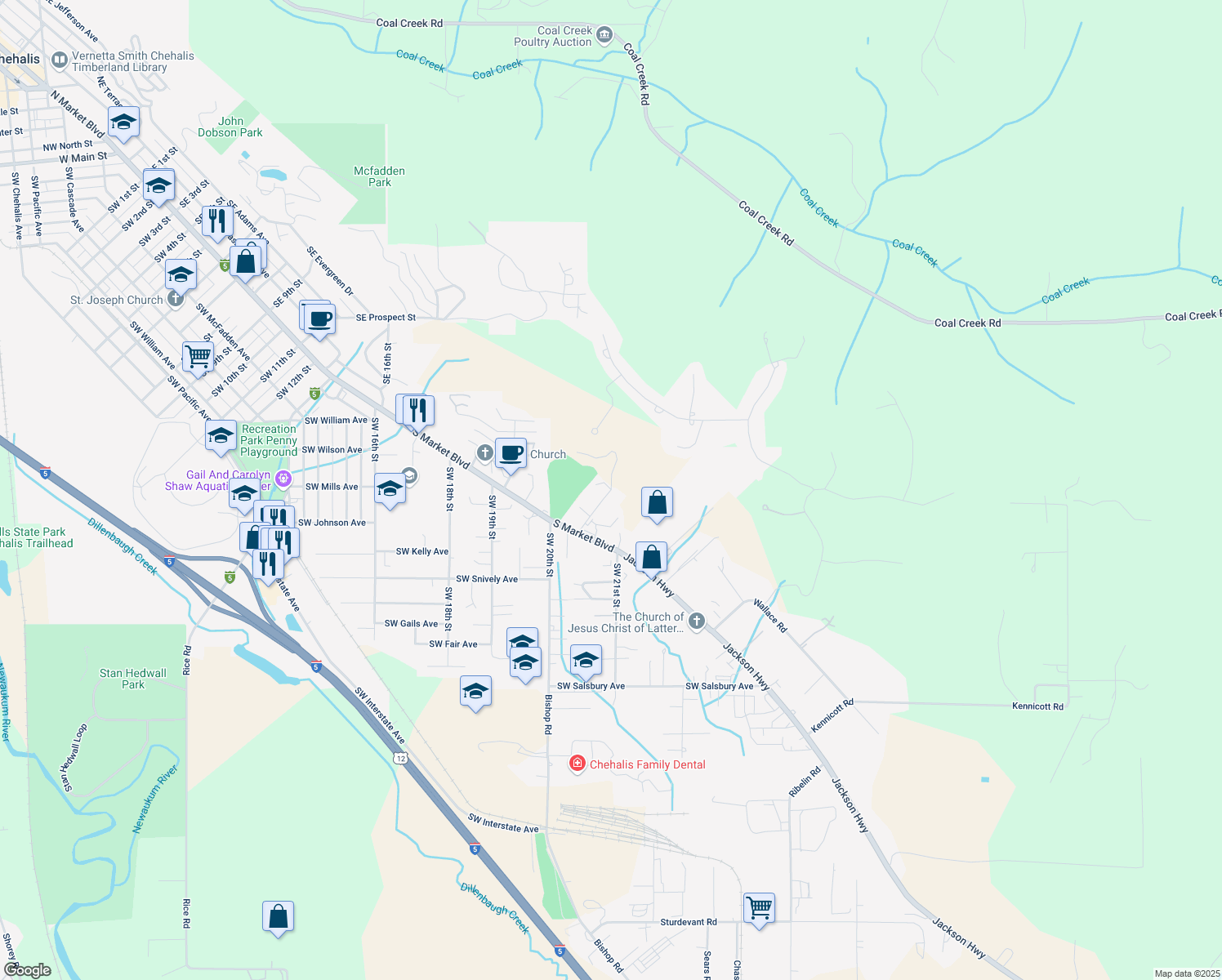 map of restaurants, bars, coffee shops, grocery stores, and more near 98 Southeast Spring Street in Chehalis