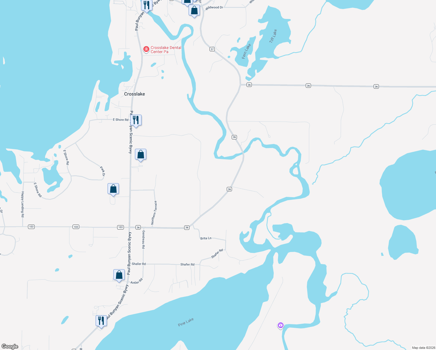 map of restaurants, bars, coffee shops, grocery stores, and more near 14304 County Road 36 in Crosslake